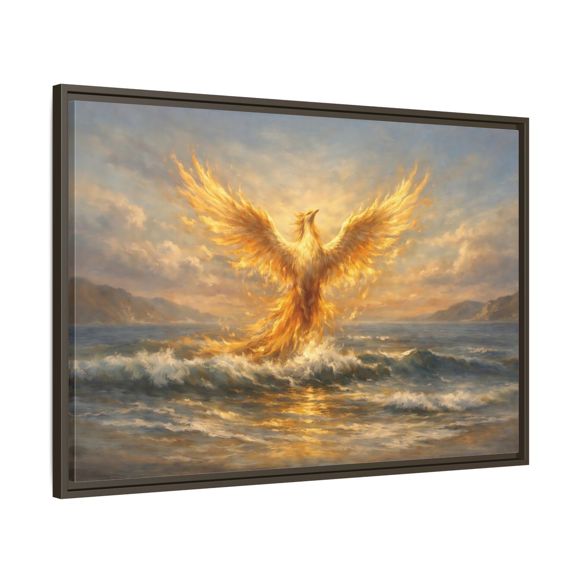Side Mockup 9. Fairytale Phoenix Golden Phoenix shown as stretched canvas wall art