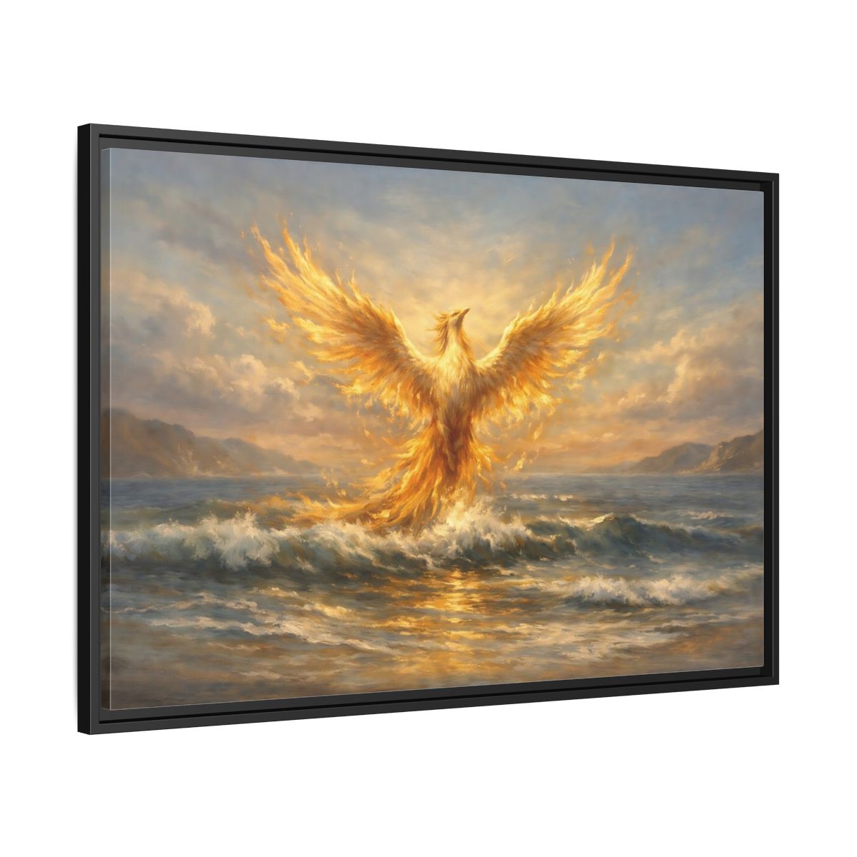 Side Mockup 13. Fairytale Phoenix Golden Phoenix shown as stretched canvas wall art