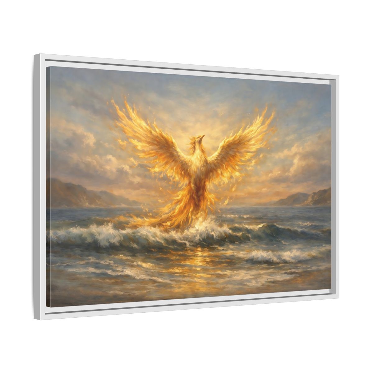Side Mockup 10. Fairytale Phoenix Golden Phoenix shown as stretched canvas wall art
