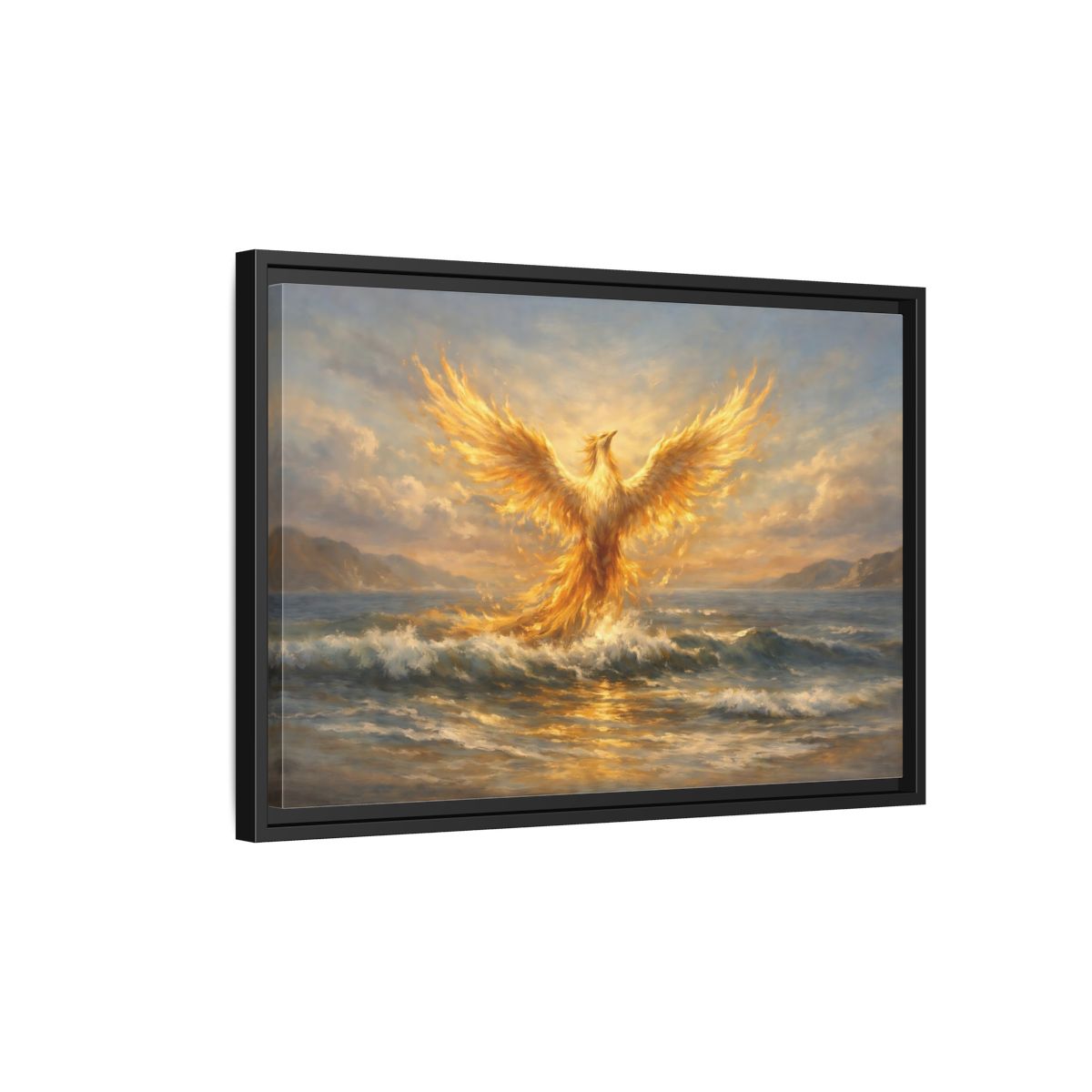 Side Mockup 3. Fairytale Phoenix Golden Phoenix shown as stretched canvas wall art