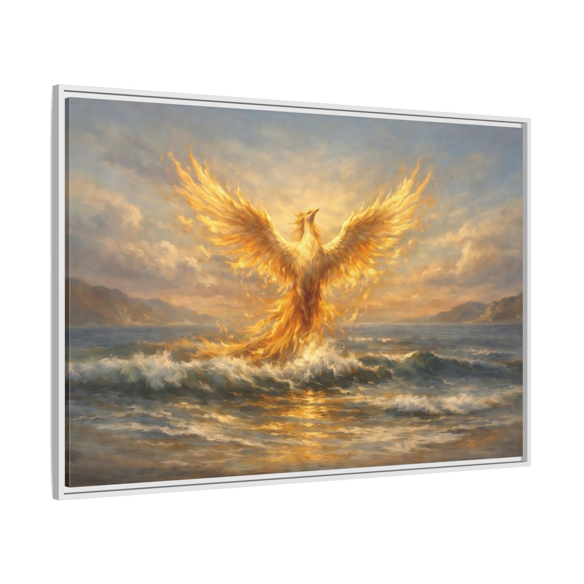 Side Mockup 7. Fairytale Phoenix Golden Phoenix shown as stretched canvas wall art