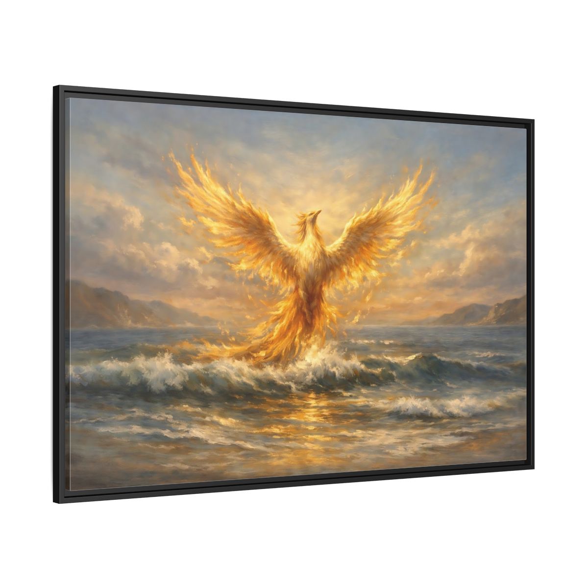 Side Mockup 12. Fairytale Phoenix Golden Phoenix shown as stretched canvas wall art