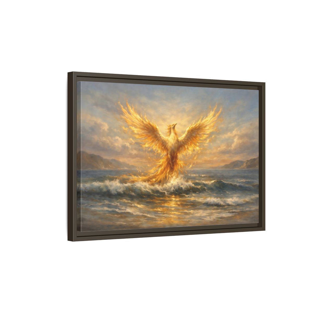 Side Mockup 2. Fairytale Phoenix Golden Phoenix shown as stretched canvas wall art