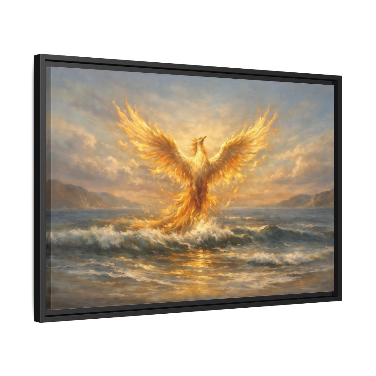 Side Mockup 14. Fairytale Phoenix Golden Phoenix shown as stretched canvas wall art