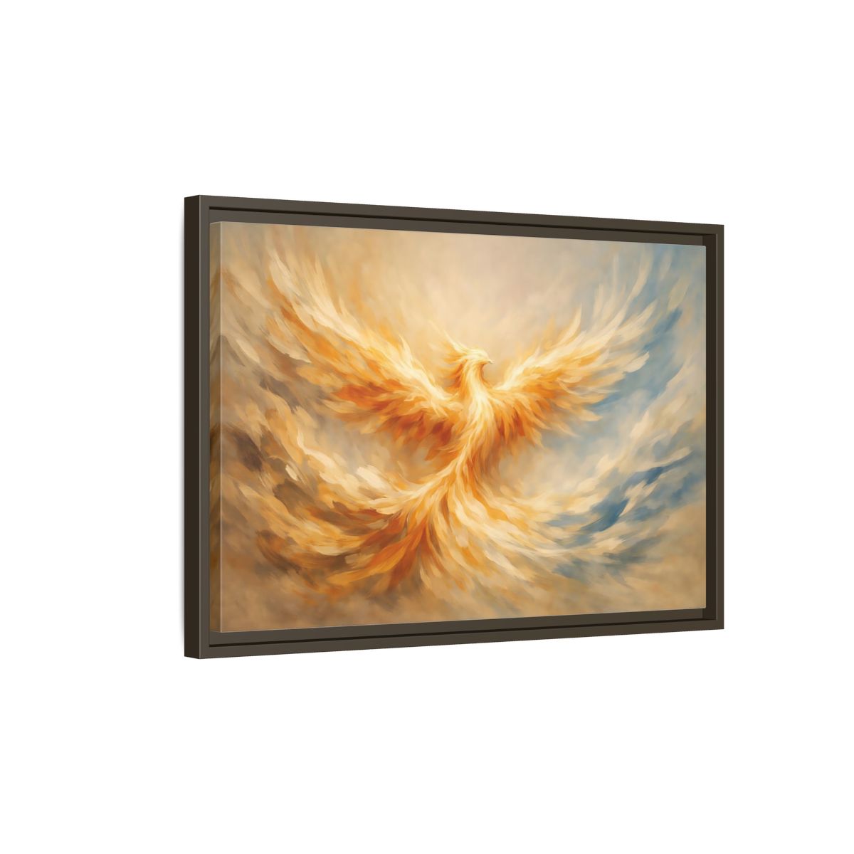 Side Mockup 2. Fairytale Phoenix Golden Phoenix shown as stretched canvas wall art