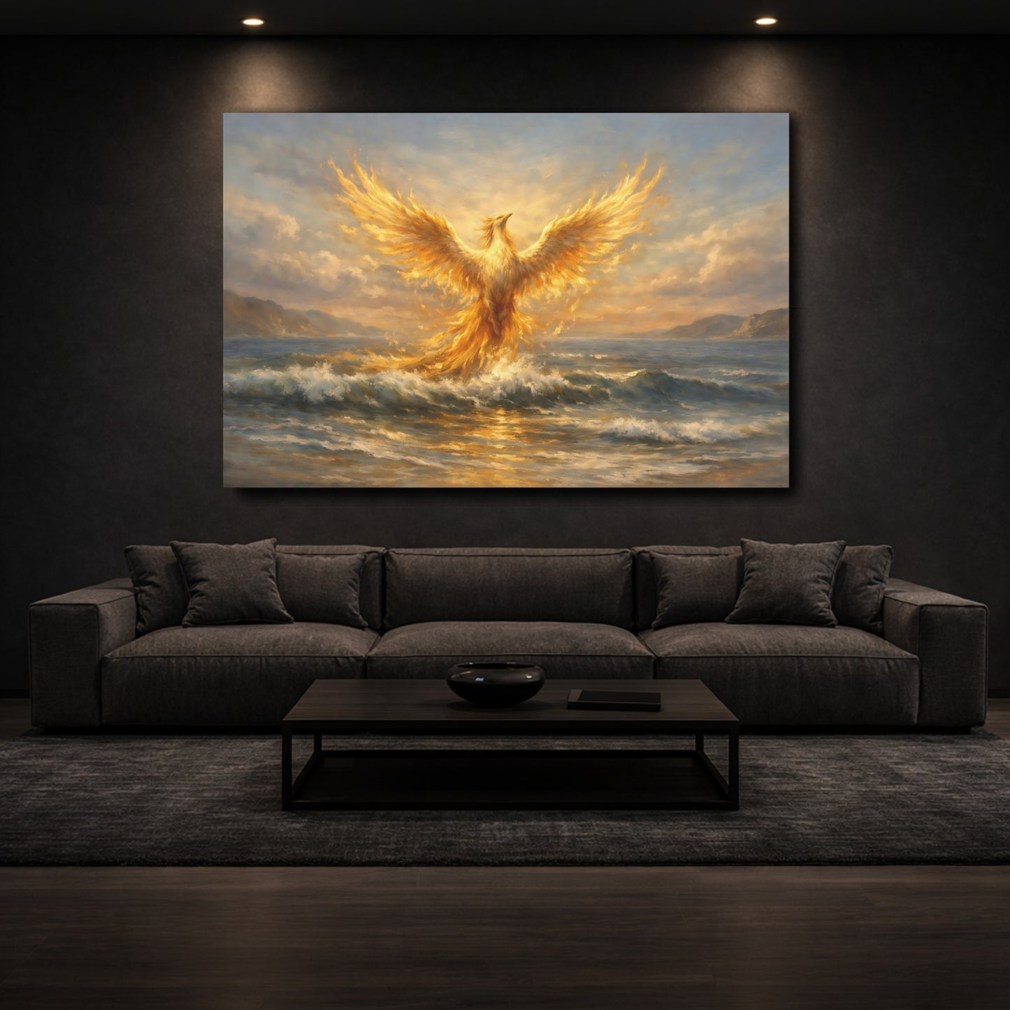 Mockup 2. Fairytale Phoenix Golden Phoenix shown as stretched canvas wall art