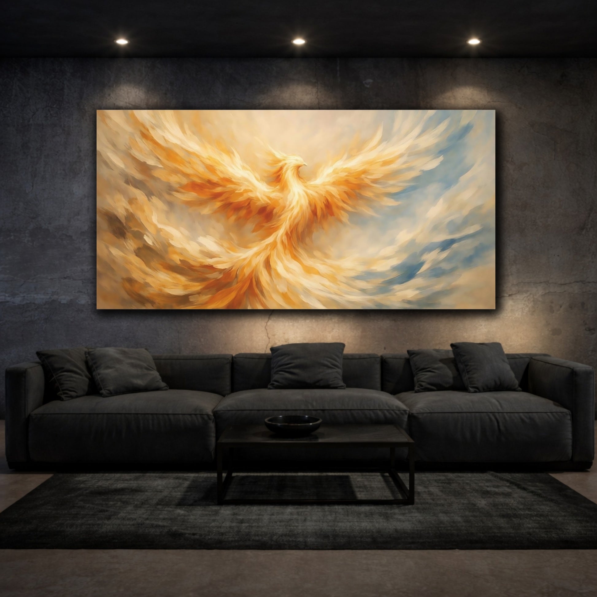 Mockup 2. Fairytale Phoenix Golden Phoenix shown as stretched canvas wall art