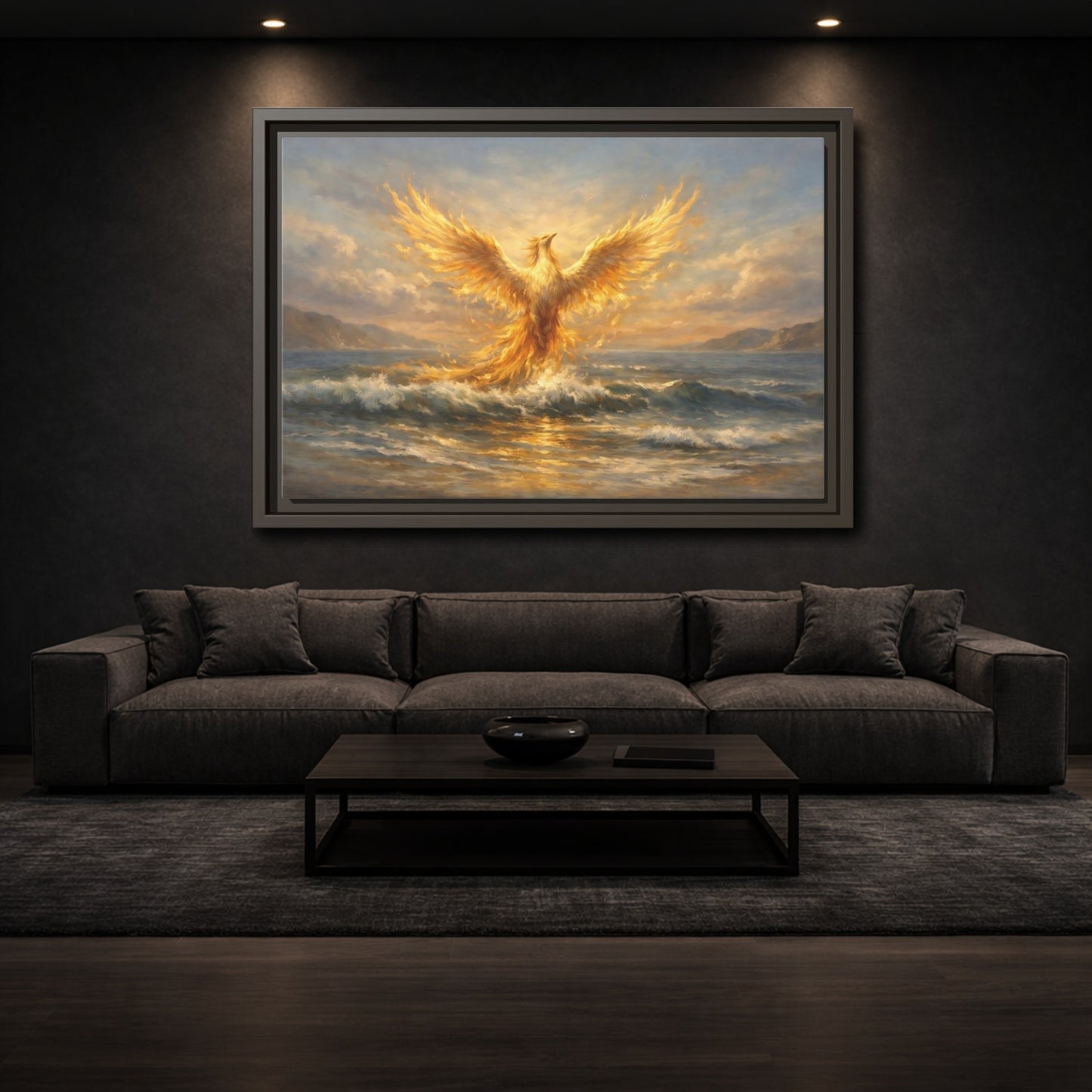 Mockup 2. Fairytale Phoenix Golden Phoenix shown as stretched canvas wall art