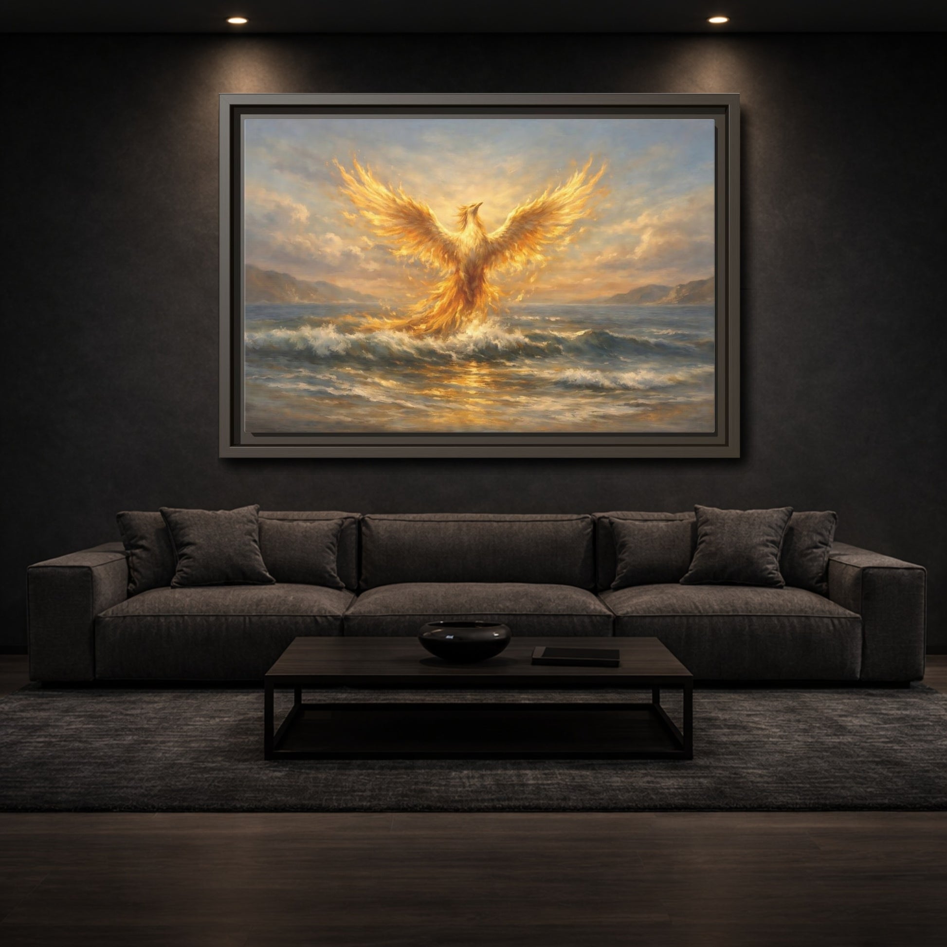 Mockup 2. Fairytale Phoenix Golden Phoenix shown as stretched canvas wall art