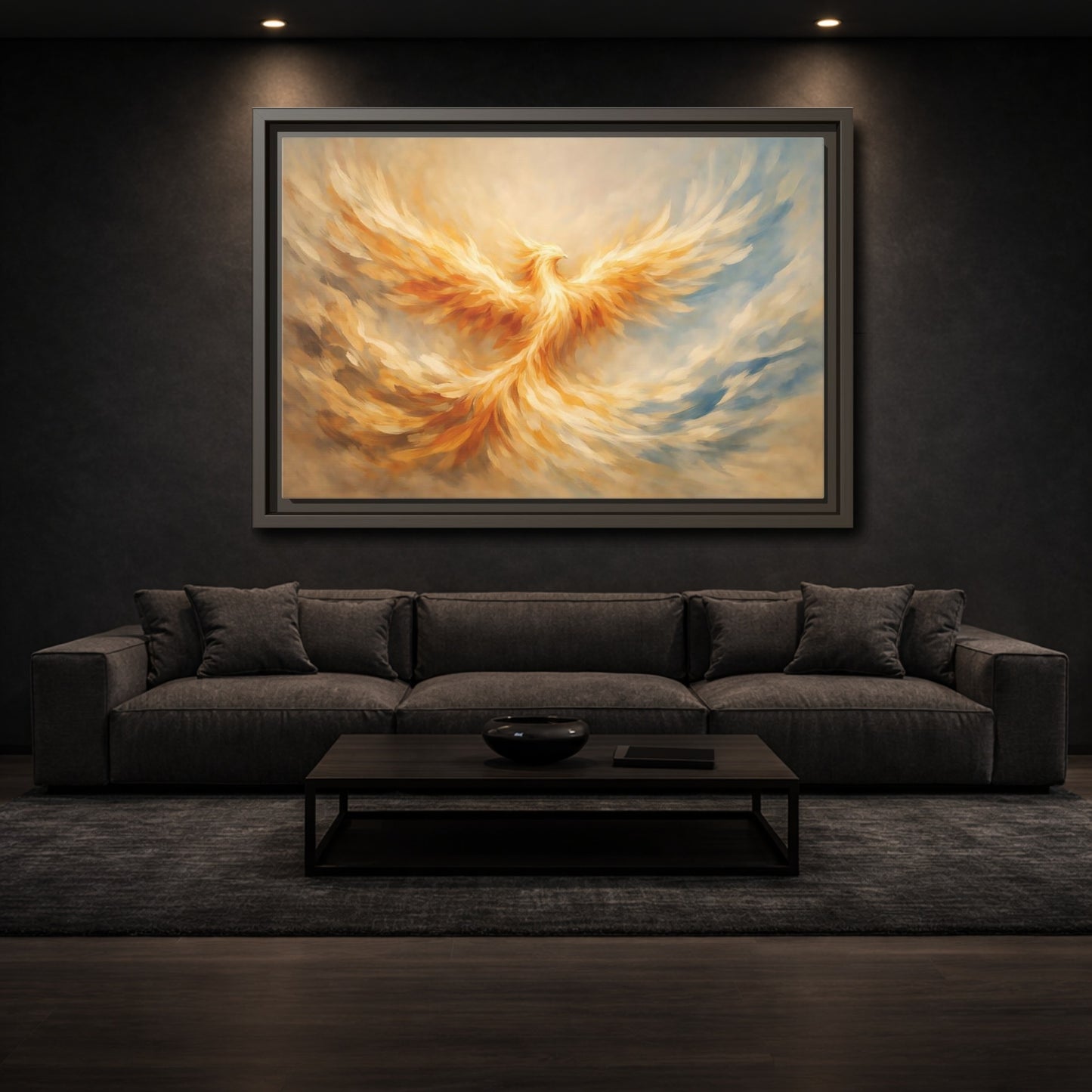 Mockup 2. Fairytale Phoenix Golden Phoenix shown as stretched canvas wall art