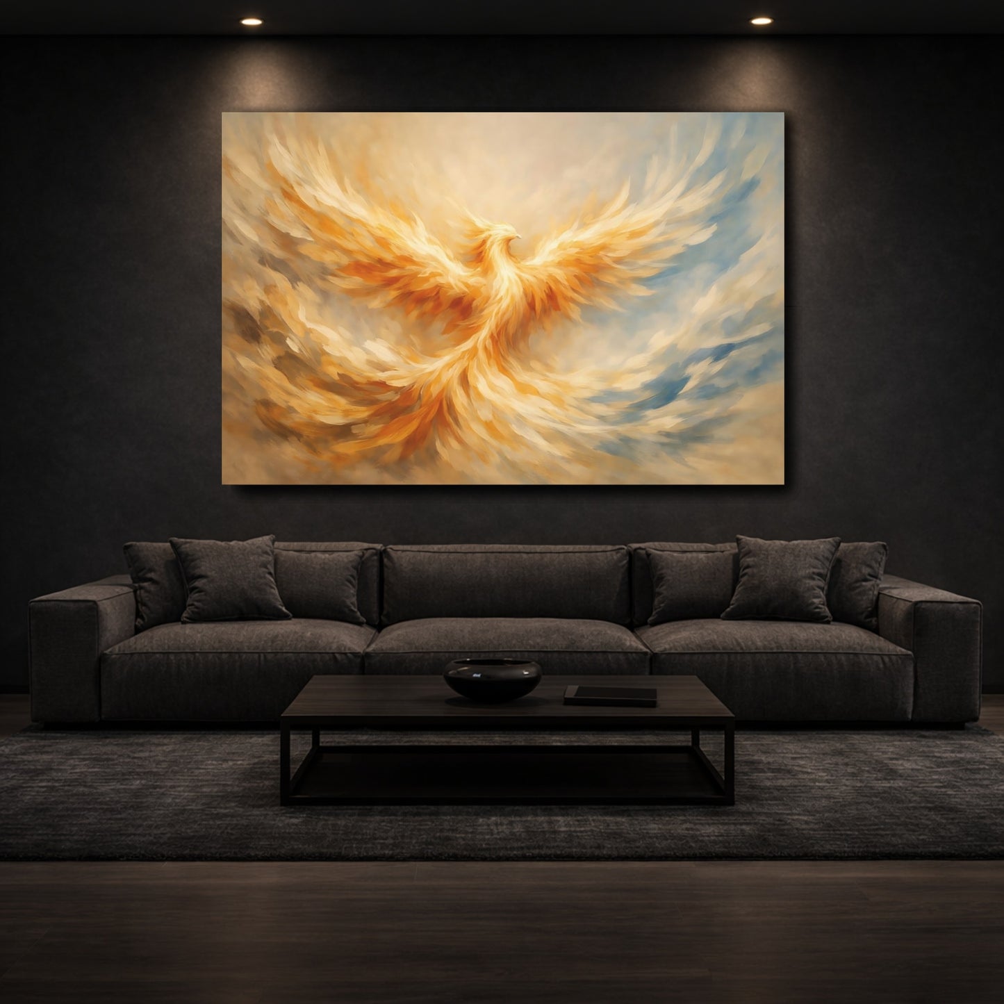 Mockup 2. Fairytale Phoenix Golden Phoenix shown as stretched canvas wall art