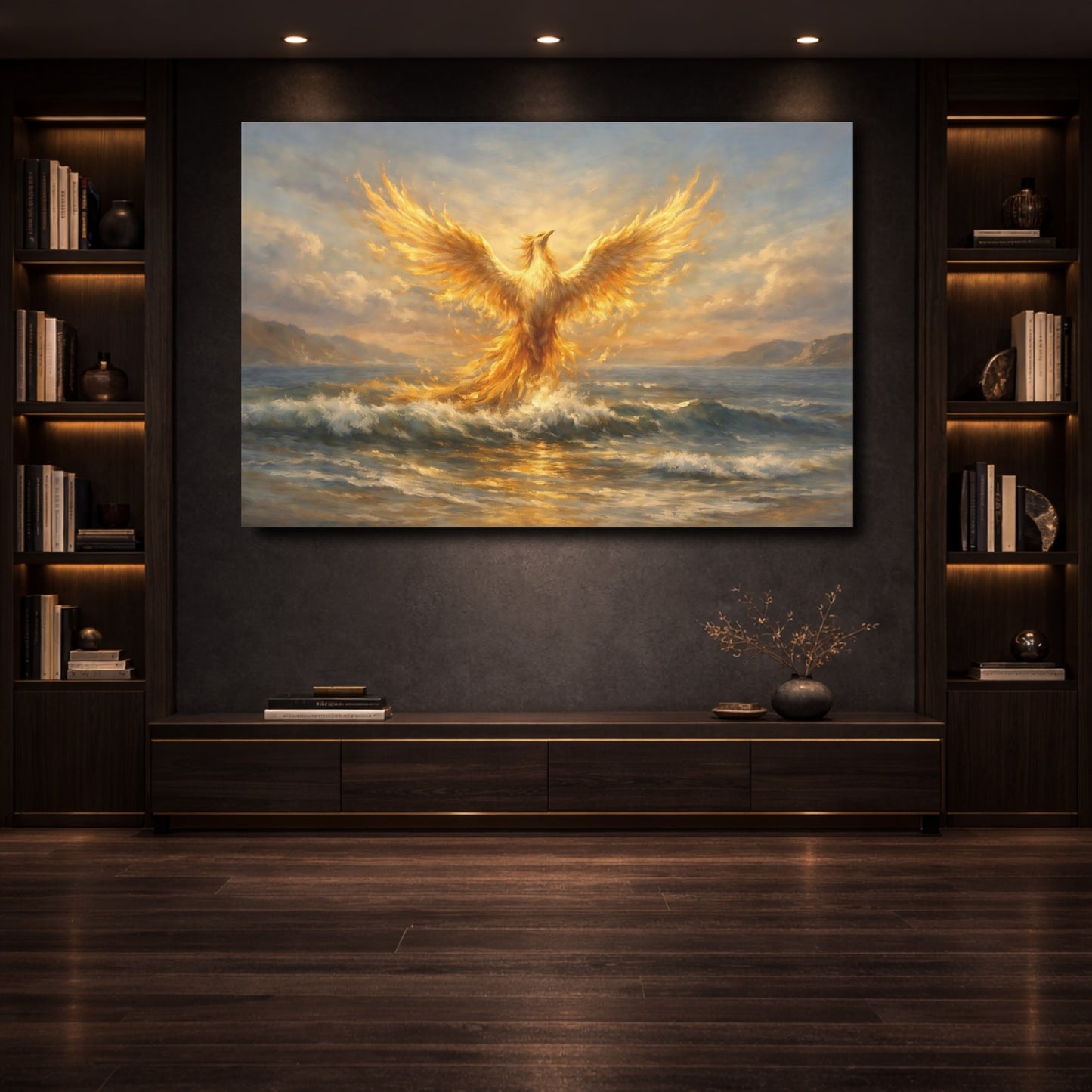 Mockup 3. Fairytale Phoenix Golden Phoenix shown as stretched canvas wall art
