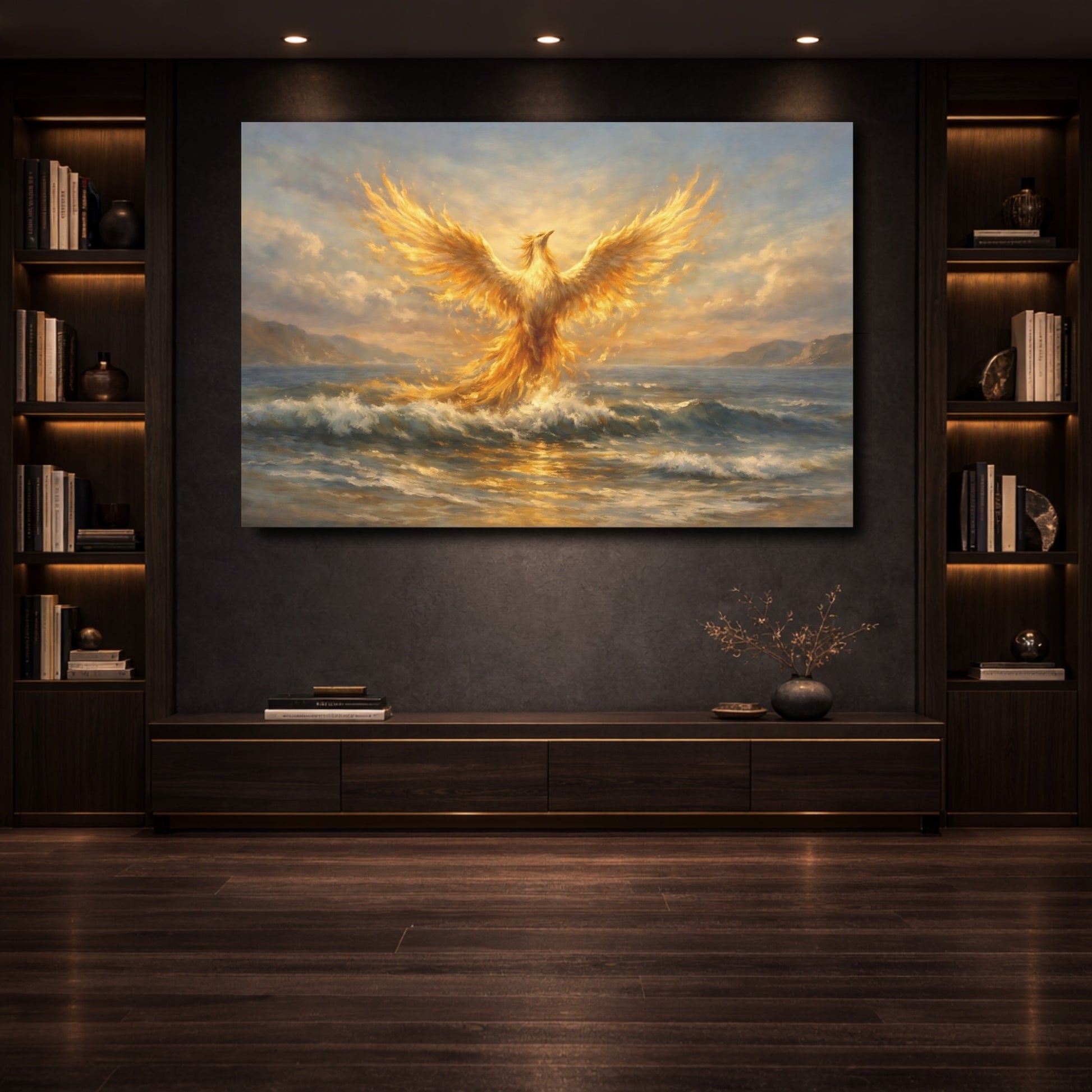 Mockup 3. Fairytale Phoenix Golden Phoenix shown as stretched canvas wall art