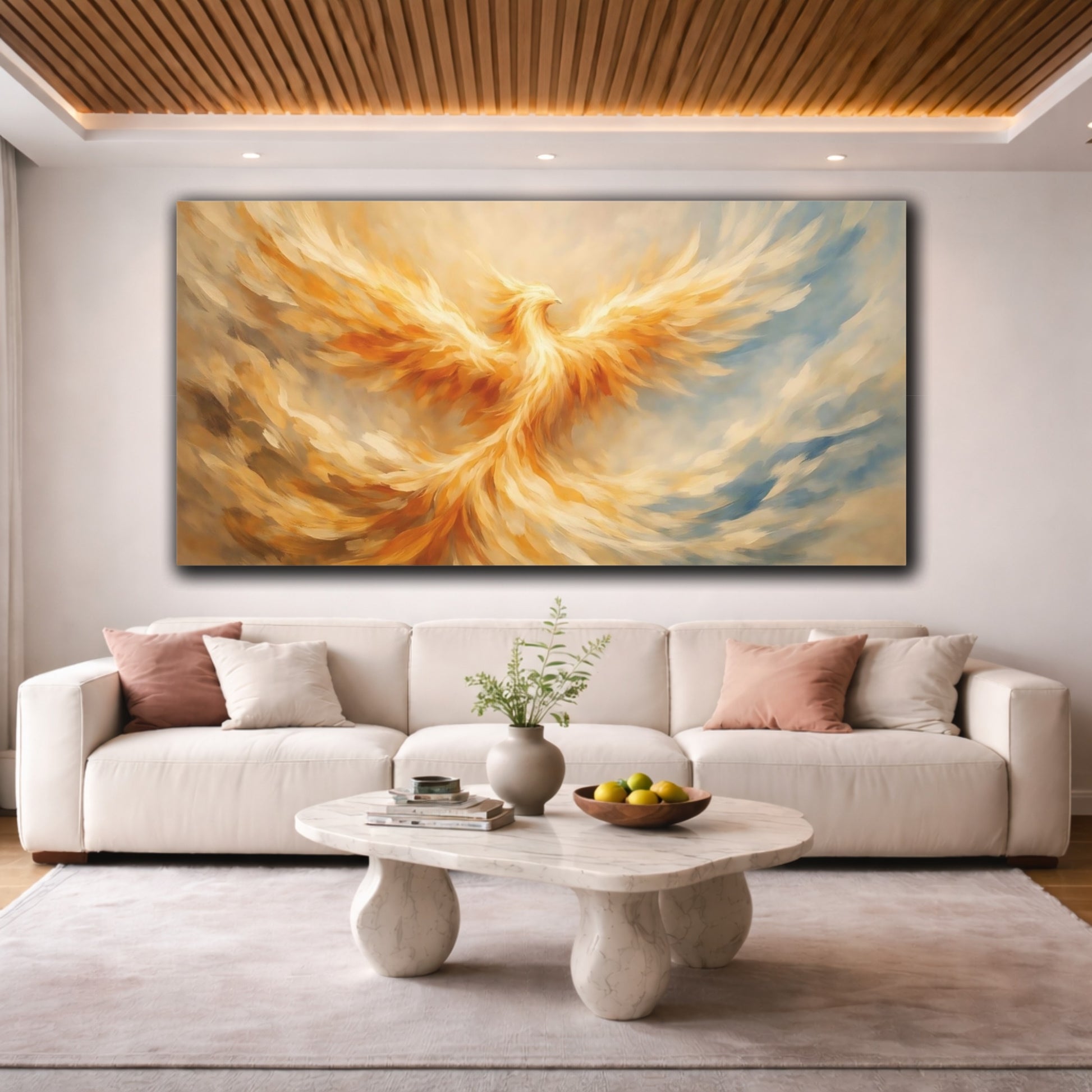 Mockup 3. Fairytale Phoenix Golden Phoenix shown as stretched canvas wall art