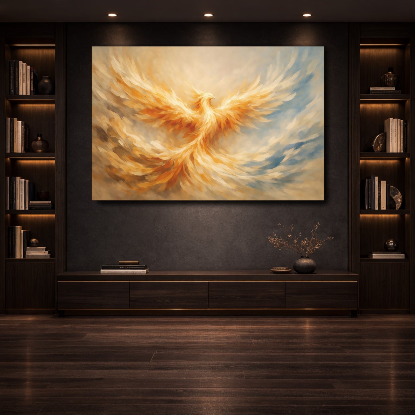 Mockup 3. Fairytale Phoenix Golden Phoenix shown as stretched canvas wall art