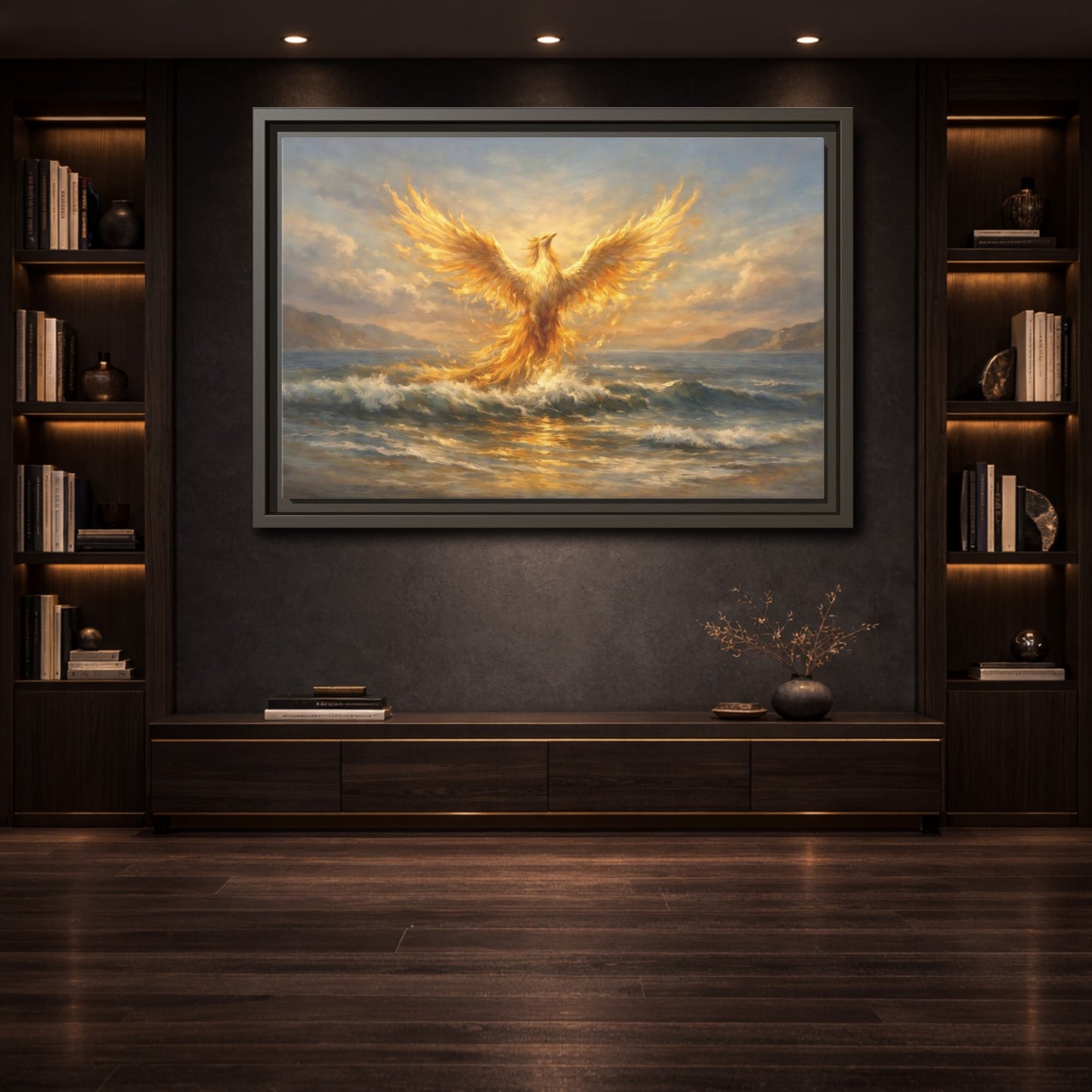 Mockup 3. Fairytale Phoenix Golden Phoenix shown as stretched canvas wall art