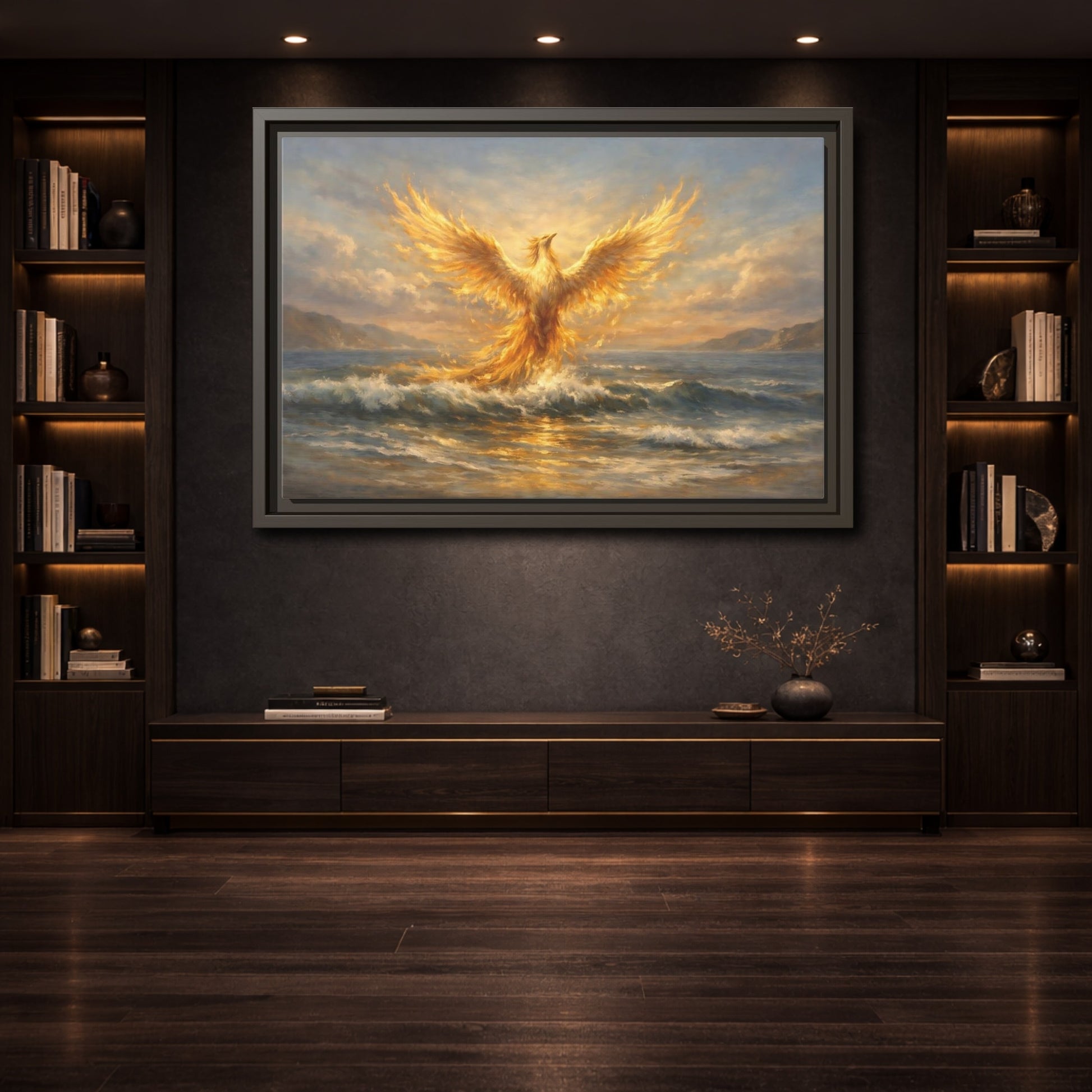 Mockup 3. Fairytale Phoenix Golden Phoenix shown as stretched canvas wall art