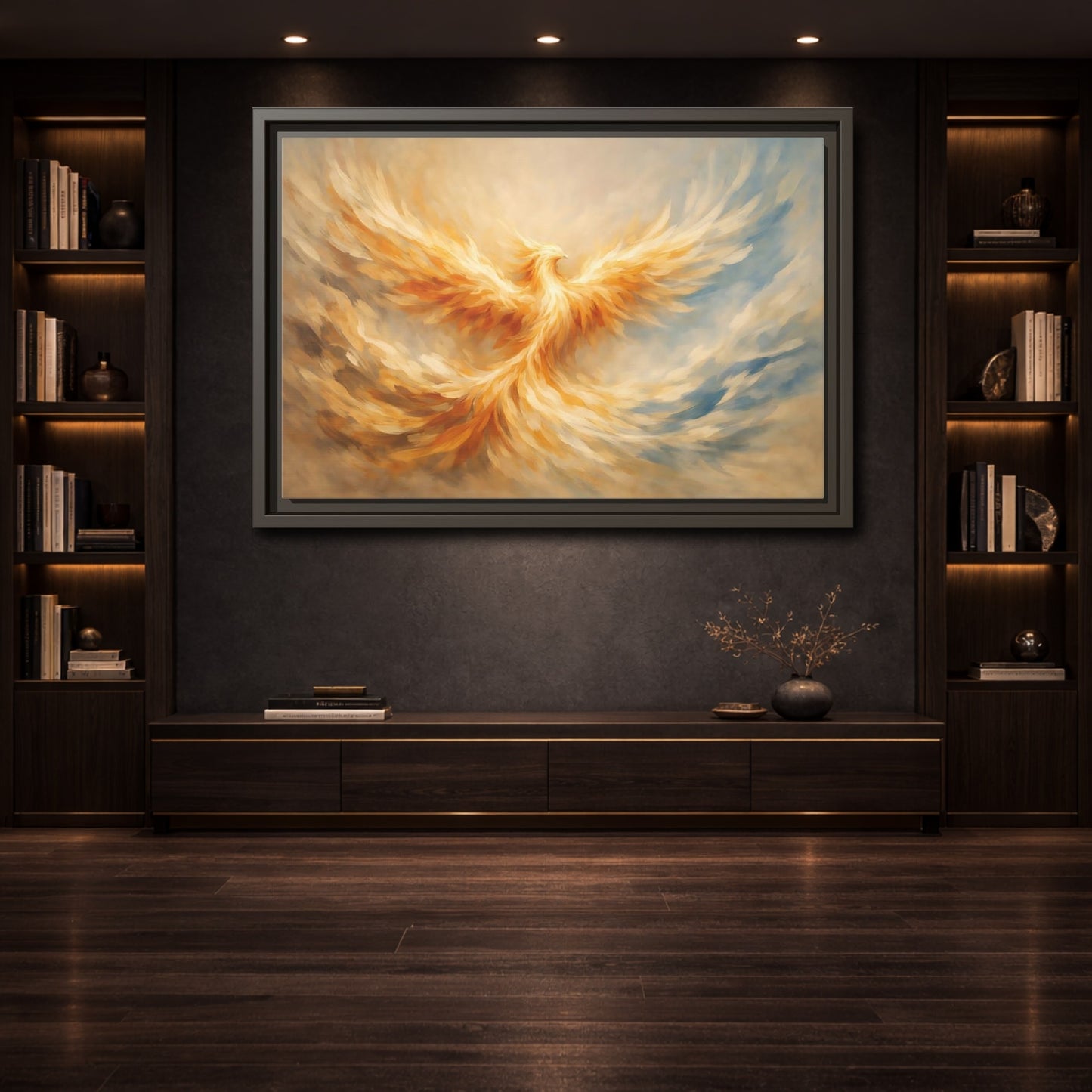 Mockup 3. Fairytale Phoenix Golden Phoenix shown as stretched canvas wall art