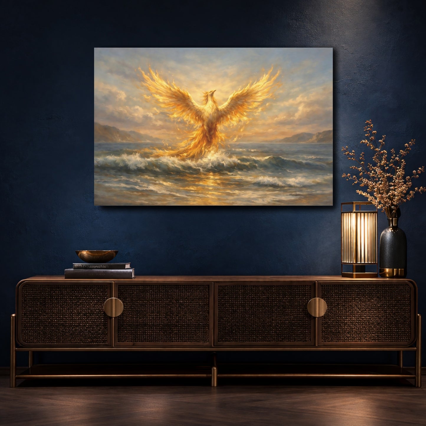Mockup 4. Fairytale Phoenix Golden Phoenix shown as stretched canvas wall art