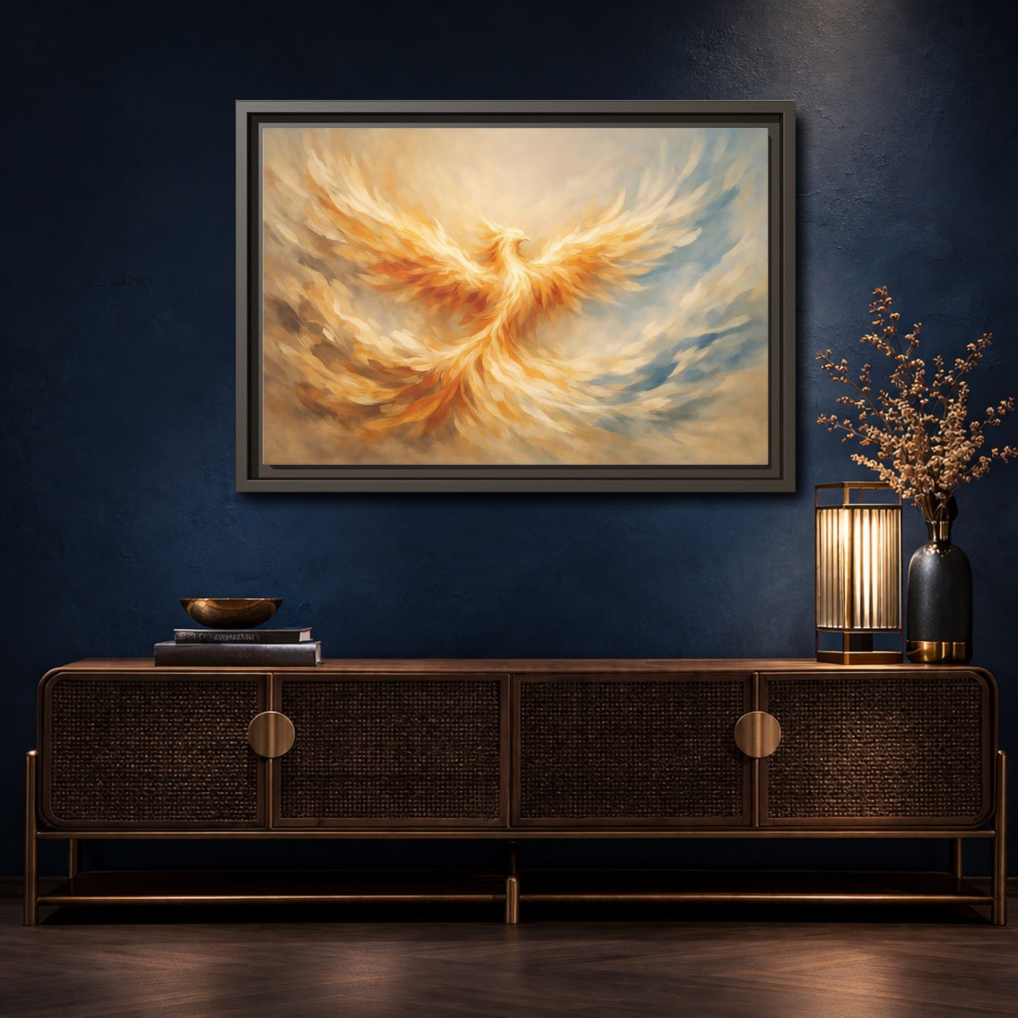 Mockup 4. Fairytale Phoenix Golden Phoenix shown as stretched canvas wall art