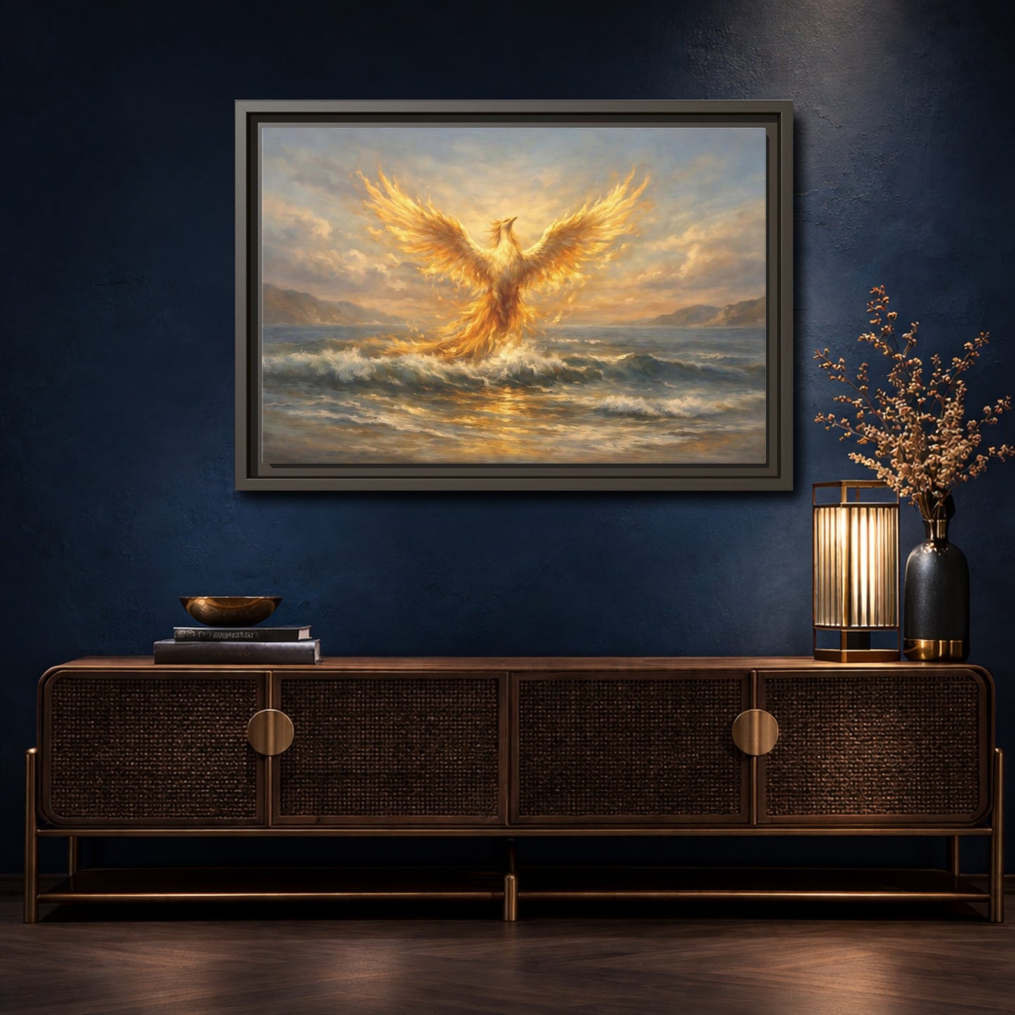 Mockup 4. Fairytale Phoenix Golden Phoenix shown as stretched canvas wall art