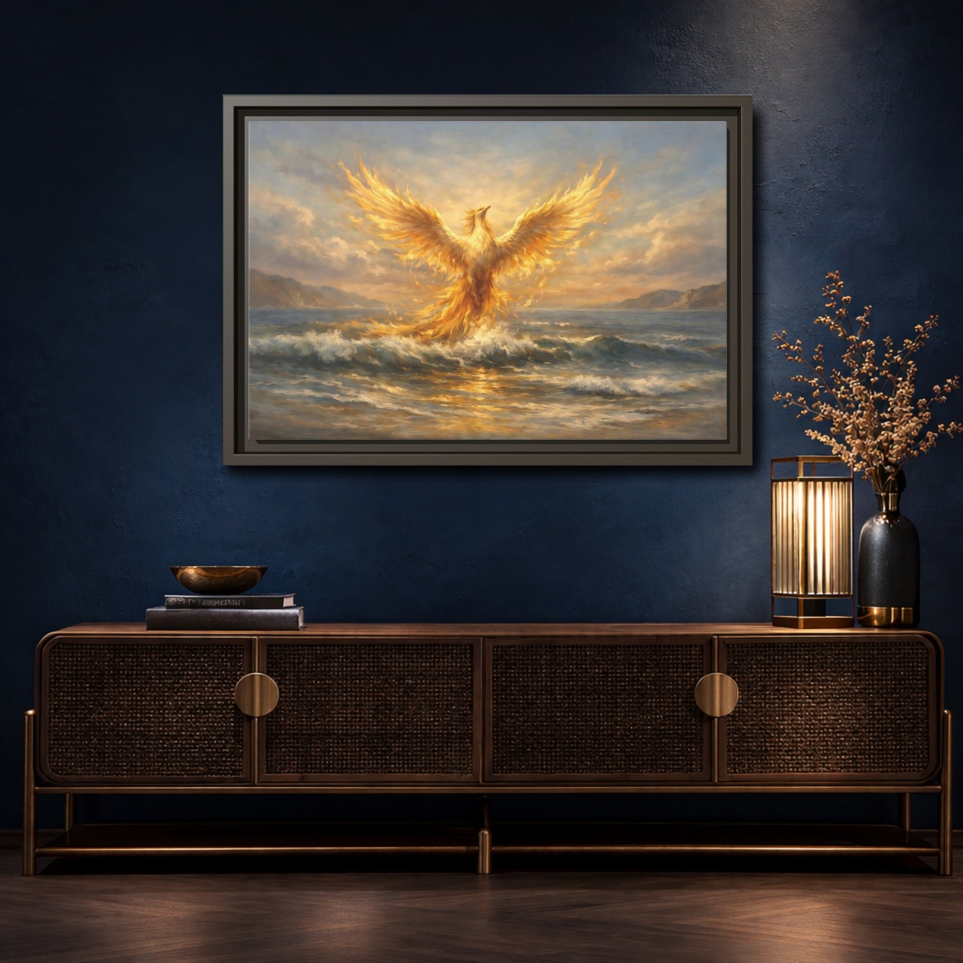 Mockup 4. Fairytale Phoenix Golden Phoenix shown as stretched canvas wall art