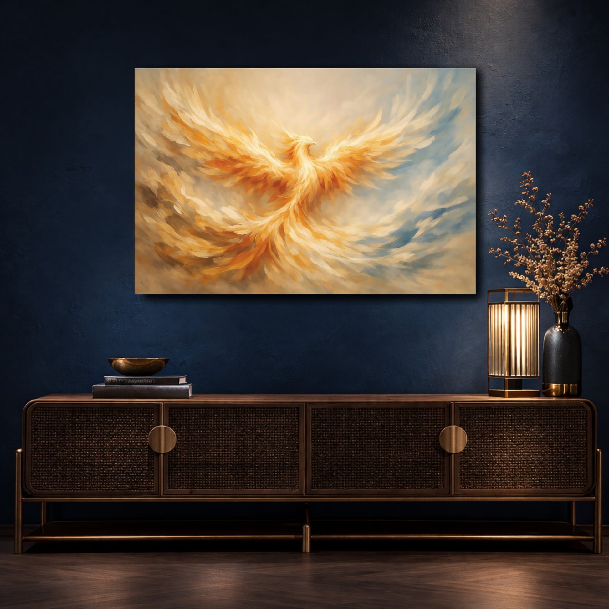 Mockup 4. Fairytale Phoenix Golden Phoenix shown as stretched canvas wall art