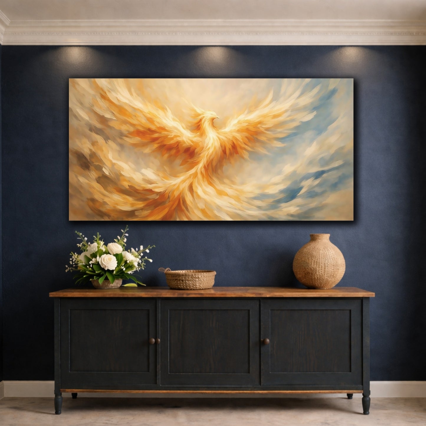 Mockup 4. Fairytale Phoenix Golden Phoenix shown as stretched canvas wall art