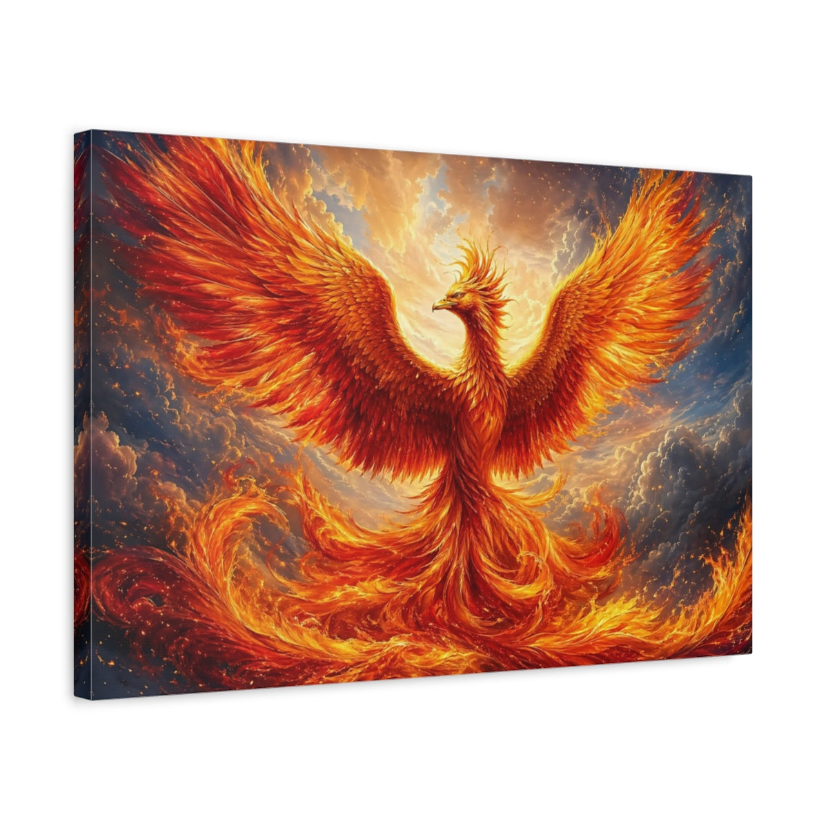 Side Mockup 3. Fairytale Phoenix Orange And Gold shown as stretched canvas wall art