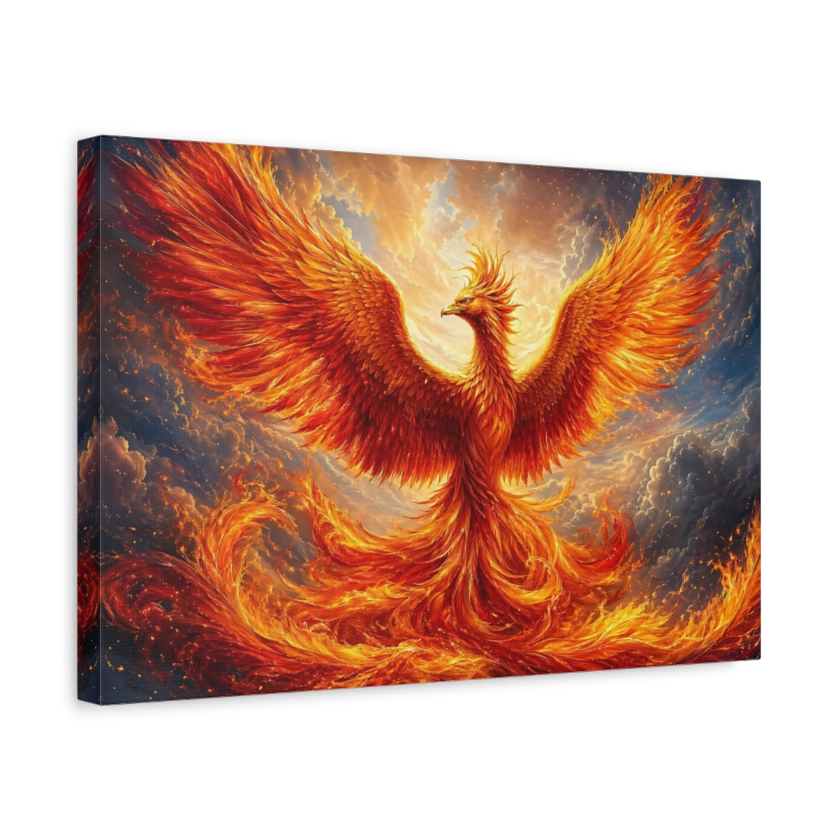 Side Mockup 4. Fairytale Phoenix Orange And Gold shown as stretched canvas wall art