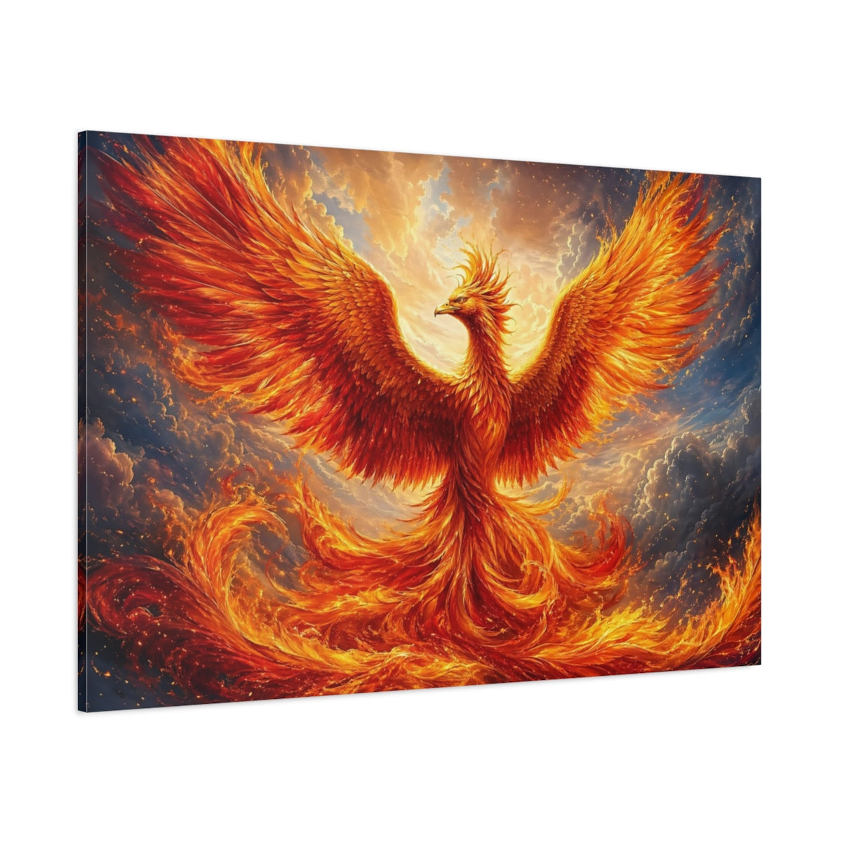 Side Mockup 1. Fairytale Phoenix Orange And Gold shown as stretched canvas wall art
