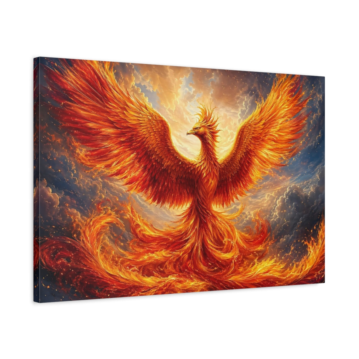 Side Mockup 2. Fairytale Phoenix Orange And Gold shown as stretched canvas wall art