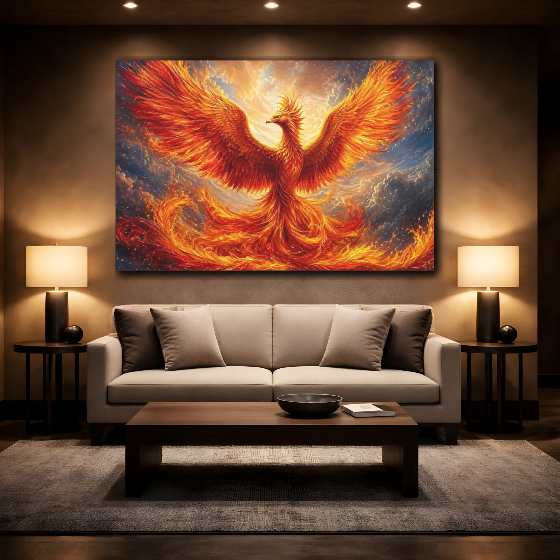 Mockup 2. Fairytale Phoenix Orange And Gold shown as stretched canvas wall art