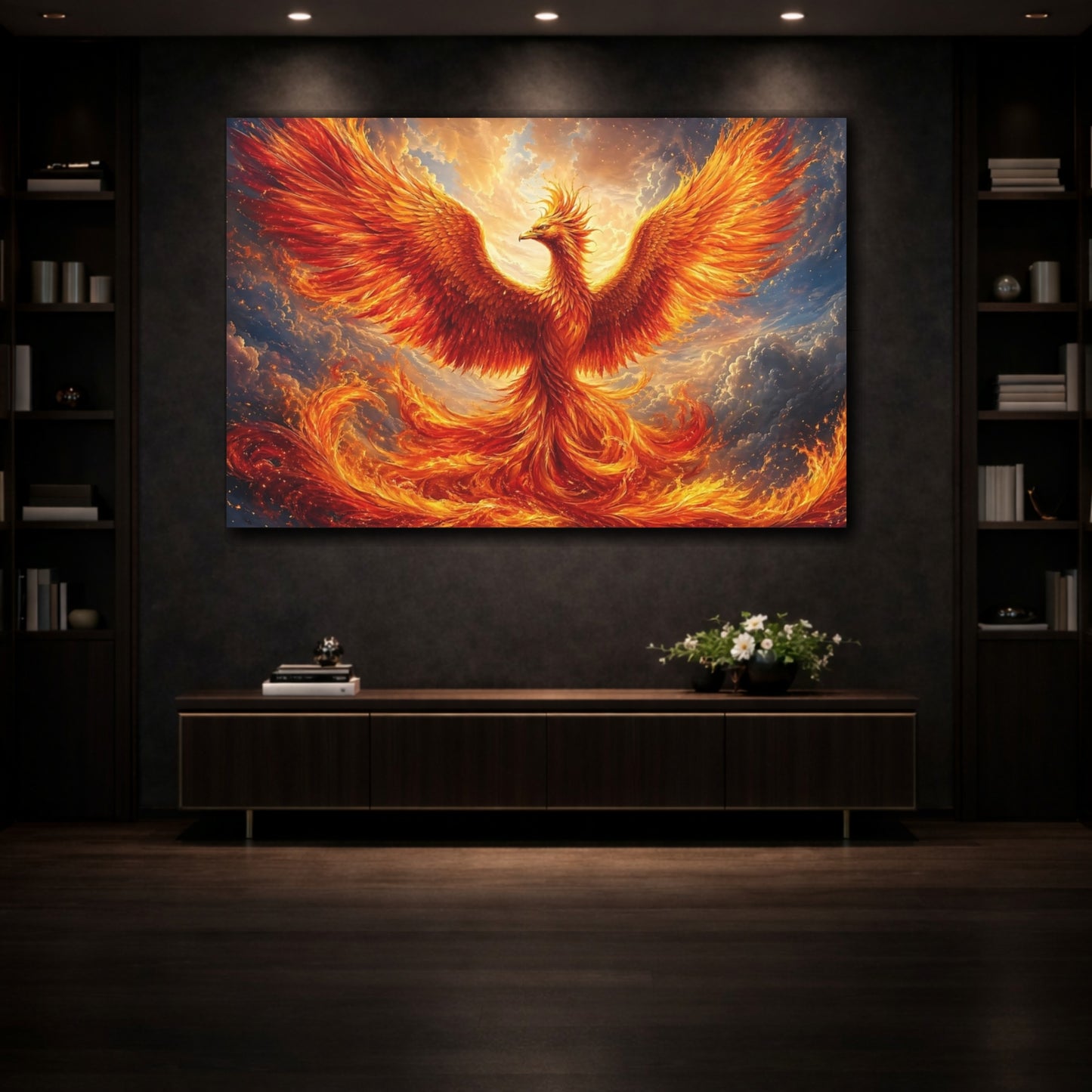 Mockup 3. Fairytale Phoenix Orange And Gold shown as stretched canvas wall art
