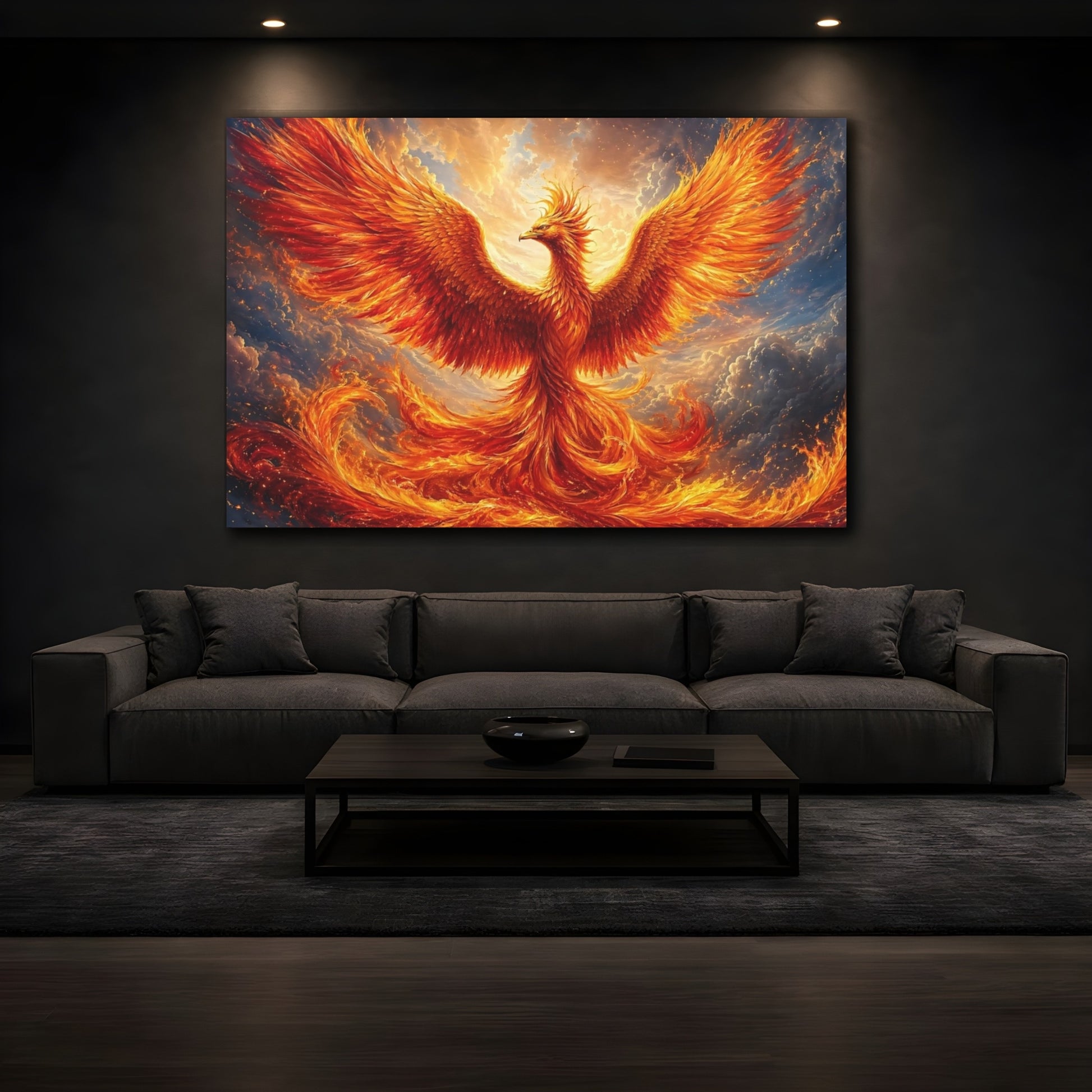 Mockup 4. Fairytale Phoenix Orange And Gold shown as stretched canvas wall art
