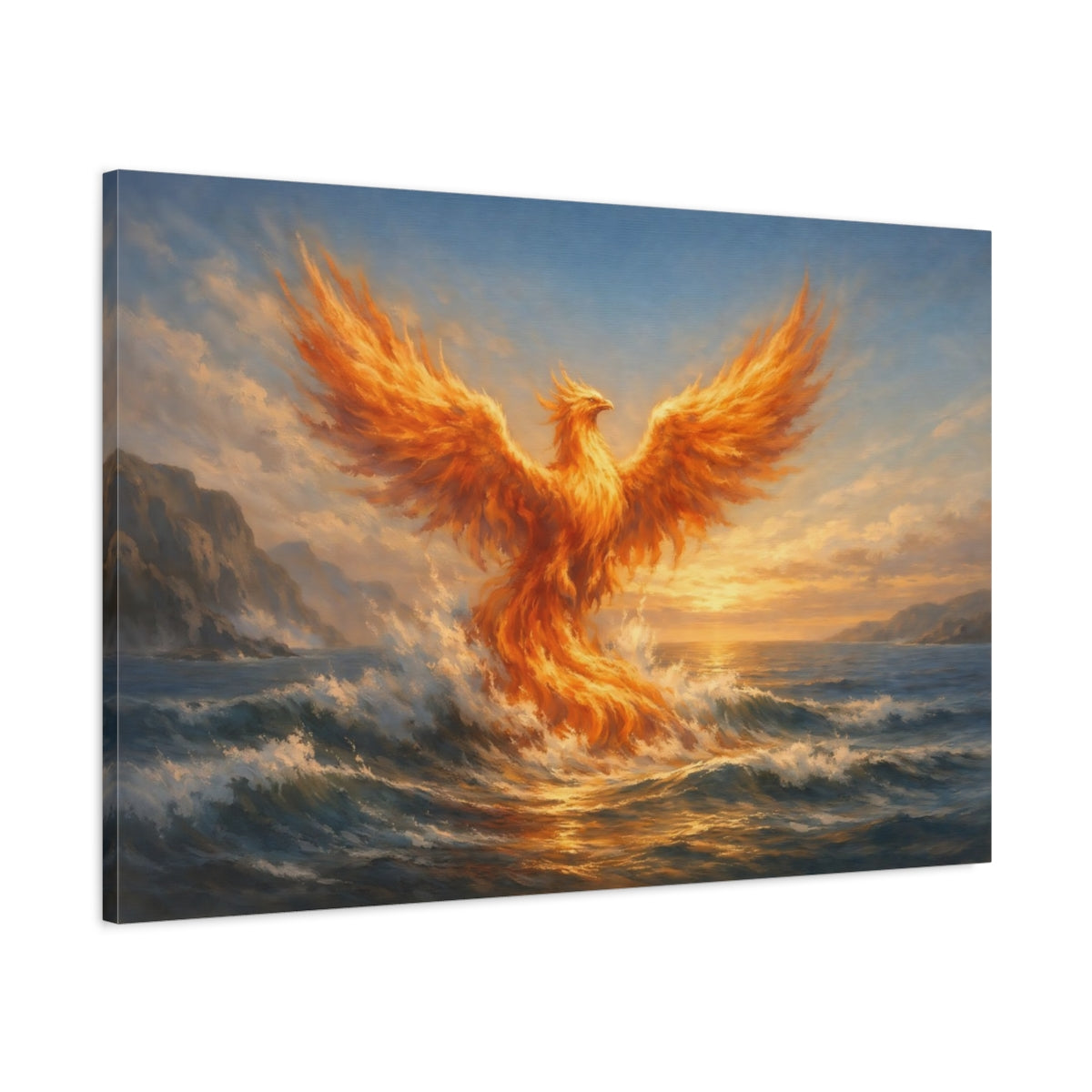 Side Mockup 1. Fairytale Phoenix Orange Phoenix Ocean shown as stretched canvas wall art