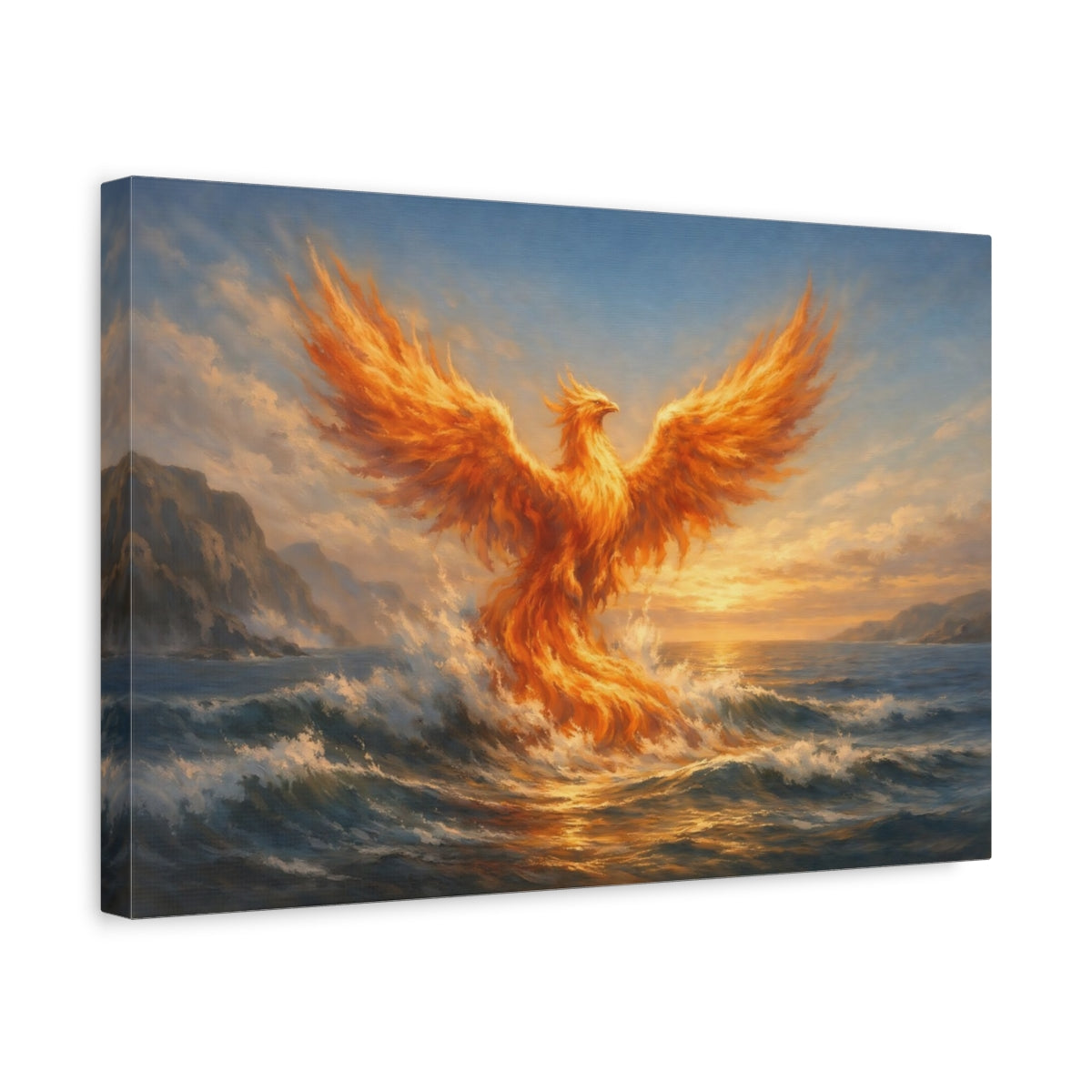 Side Mockup 4. Fairytale Phoenix Orange Phoenix Ocean shown as stretched canvas wall art