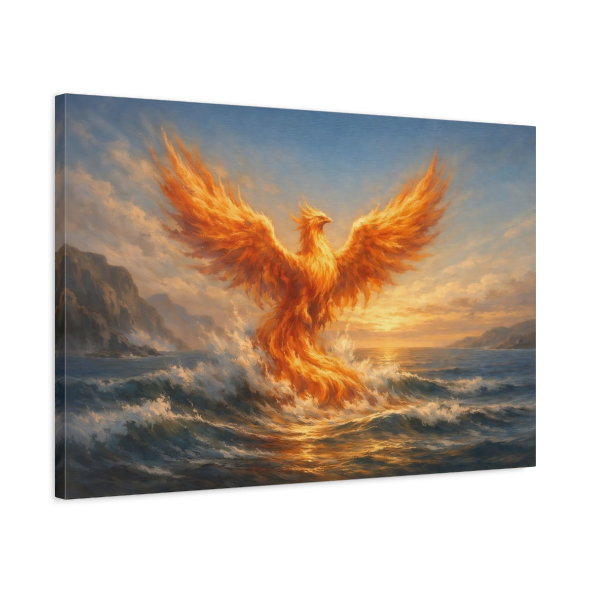 Side Mockup 2. Fairytale Phoenix Orange Phoenix Ocean shown as stretched canvas wall art