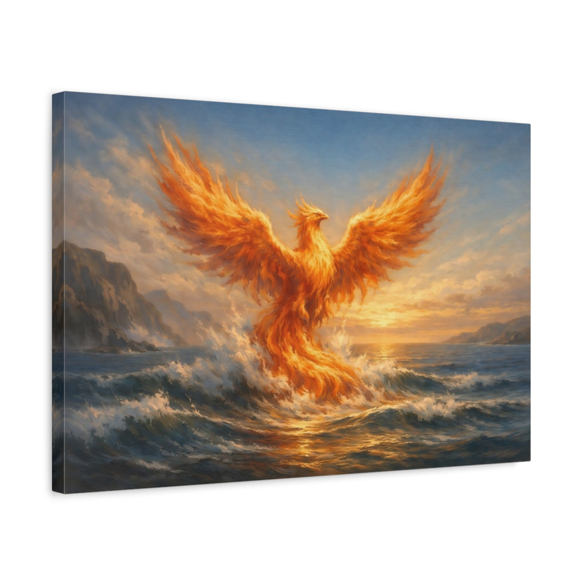 Side Mockup 3. Fairytale Phoenix Orange Phoenix Ocean shown as stretched canvas wall art