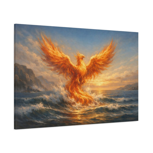 Main Mockup. Fairytale Phoenix Orange Phoenix Ocean shown as stretched canvas wall art