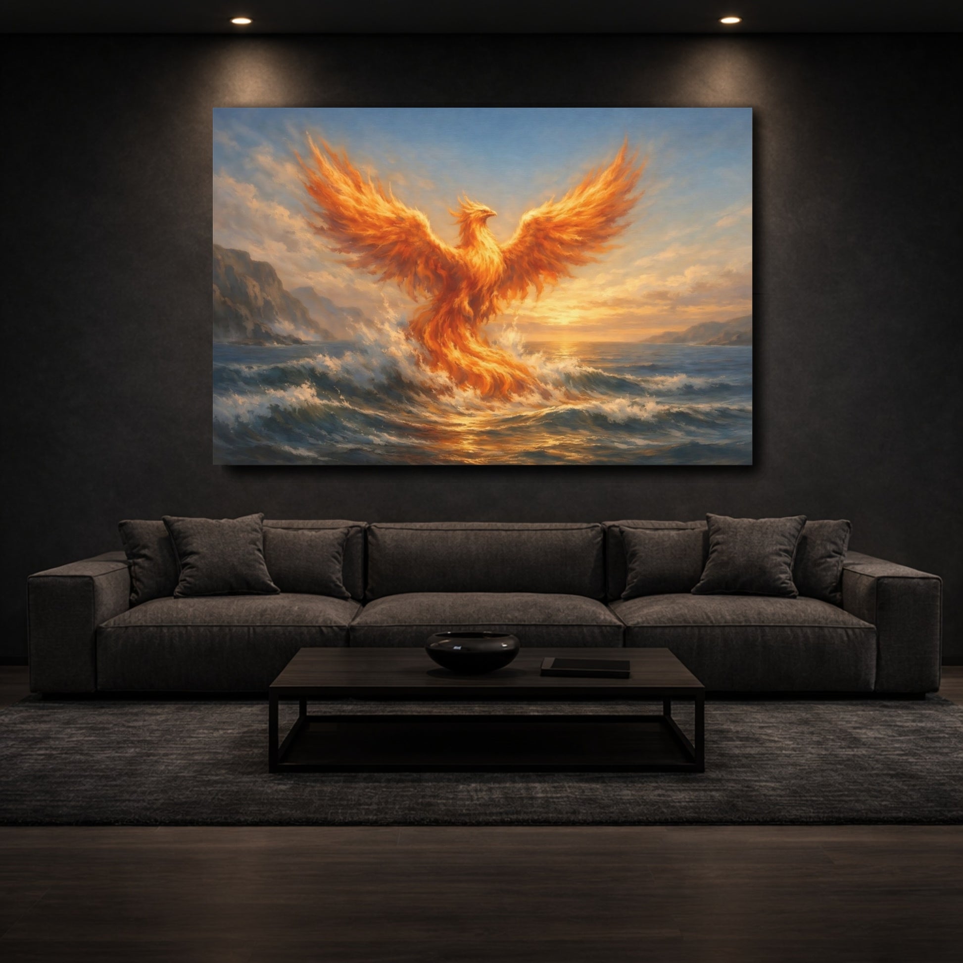 Mockup 2. Fairytale Phoenix Orange Phoenix Ocean shown as stretched canvas wall art
