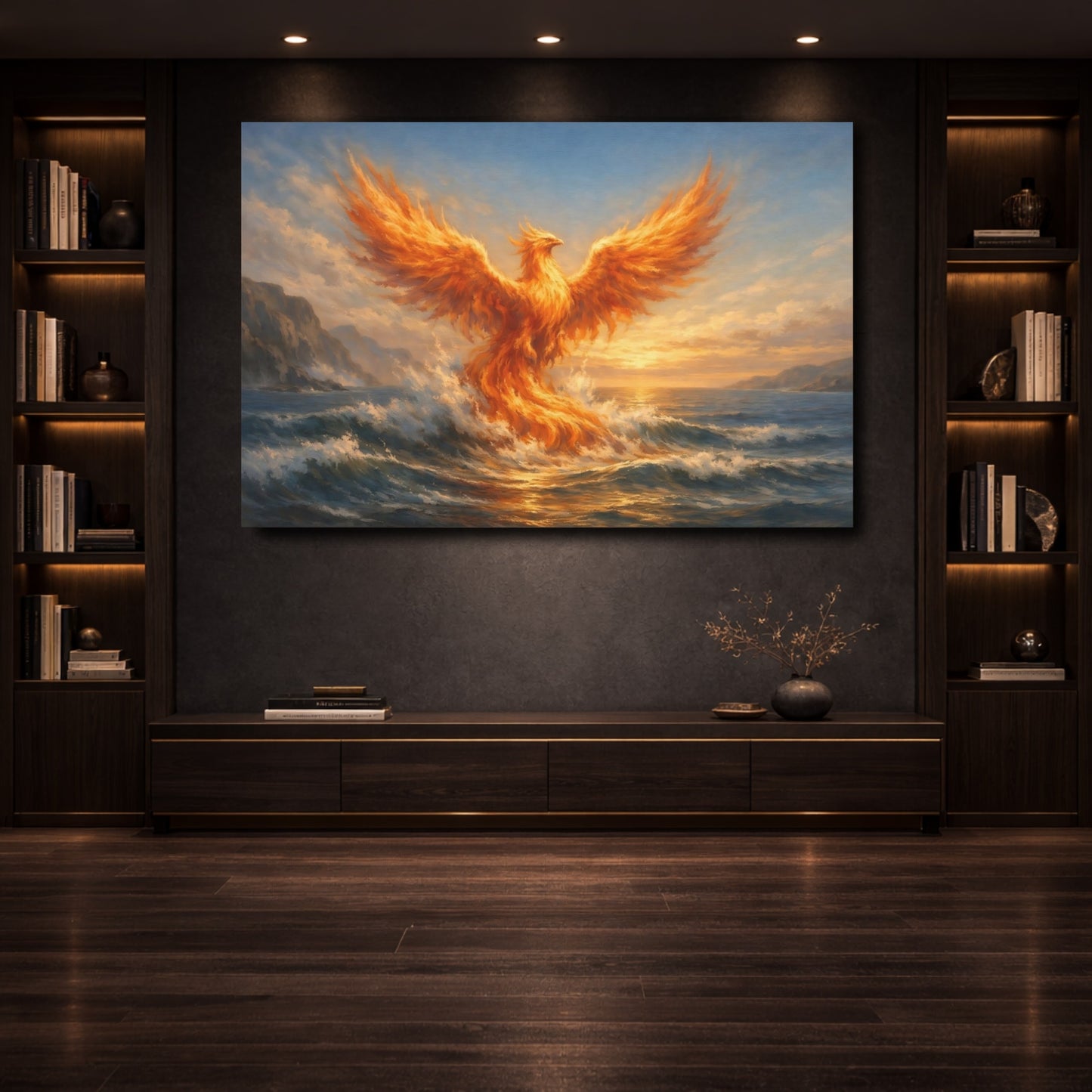 Mockup 3. Fairytale Phoenix Orange Phoenix Ocean shown as stretched canvas wall art