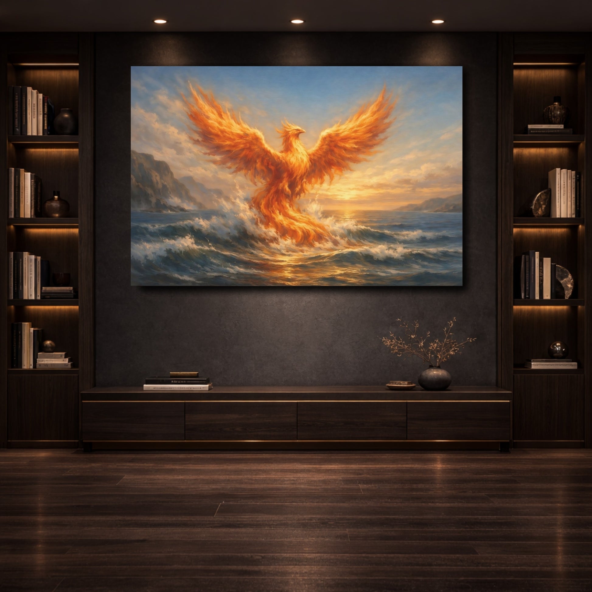 Mockup 3. Fairytale Phoenix Orange Phoenix Ocean shown as stretched canvas wall art
