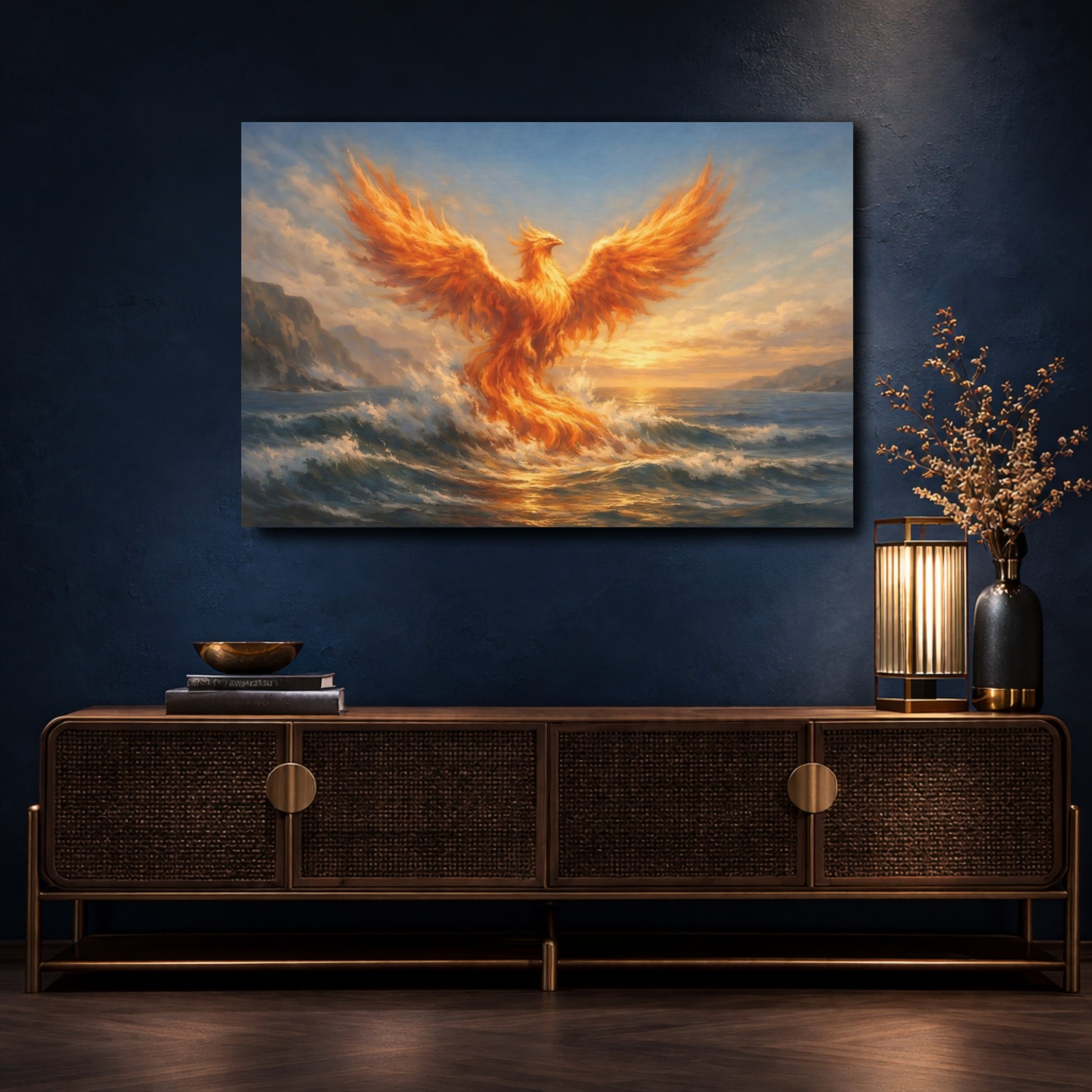 Mockup 4. Fairytale Phoenix Orange Phoenix Ocean shown as stretched canvas wall art