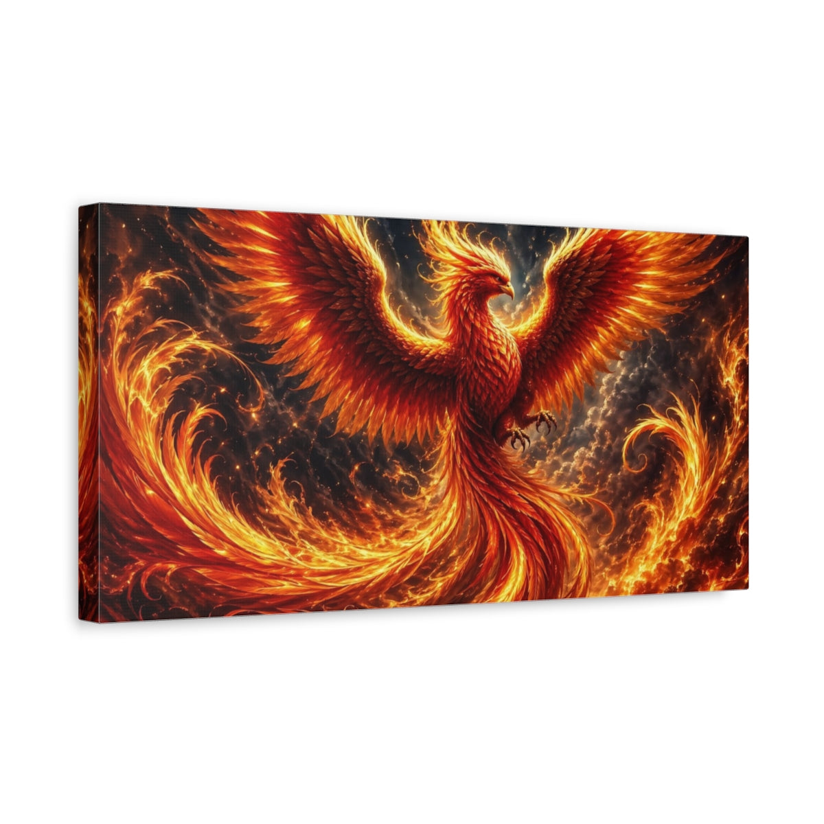 Side Mockup 3. Fairytale Phoenix Red Orange Phoenix shown as stretched canvas wall art
