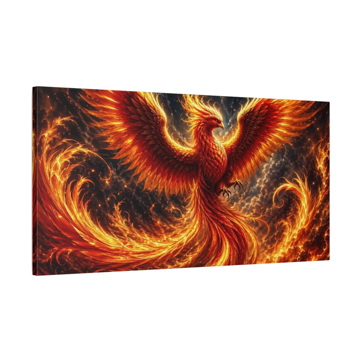 Main Mockup. Fairytale Phoenix Red Orange Phoenix shown as stretched canvas wall art