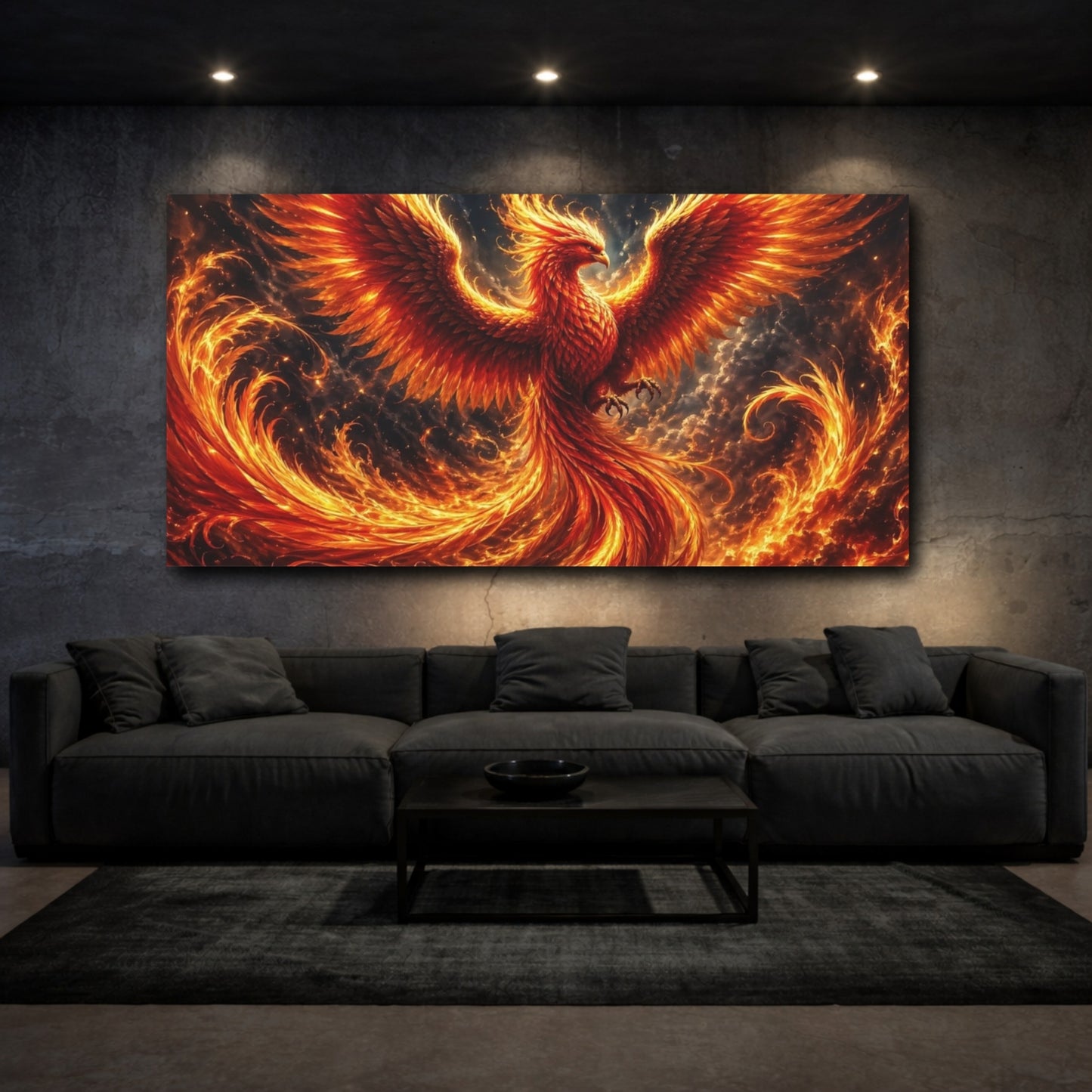Mockup 2. Fairytale Phoenix Red Orange Phoenix shown as stretched canvas wall art