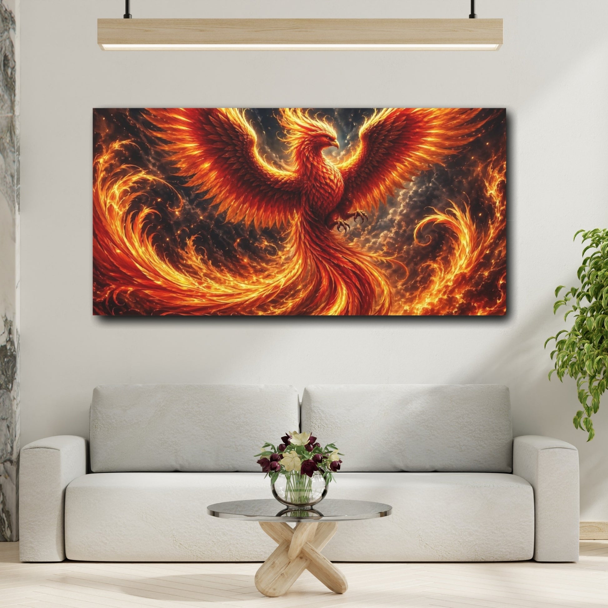 Mockup 3. Fairytale Phoenix Red Orange Phoenix shown as stretched canvas wall art