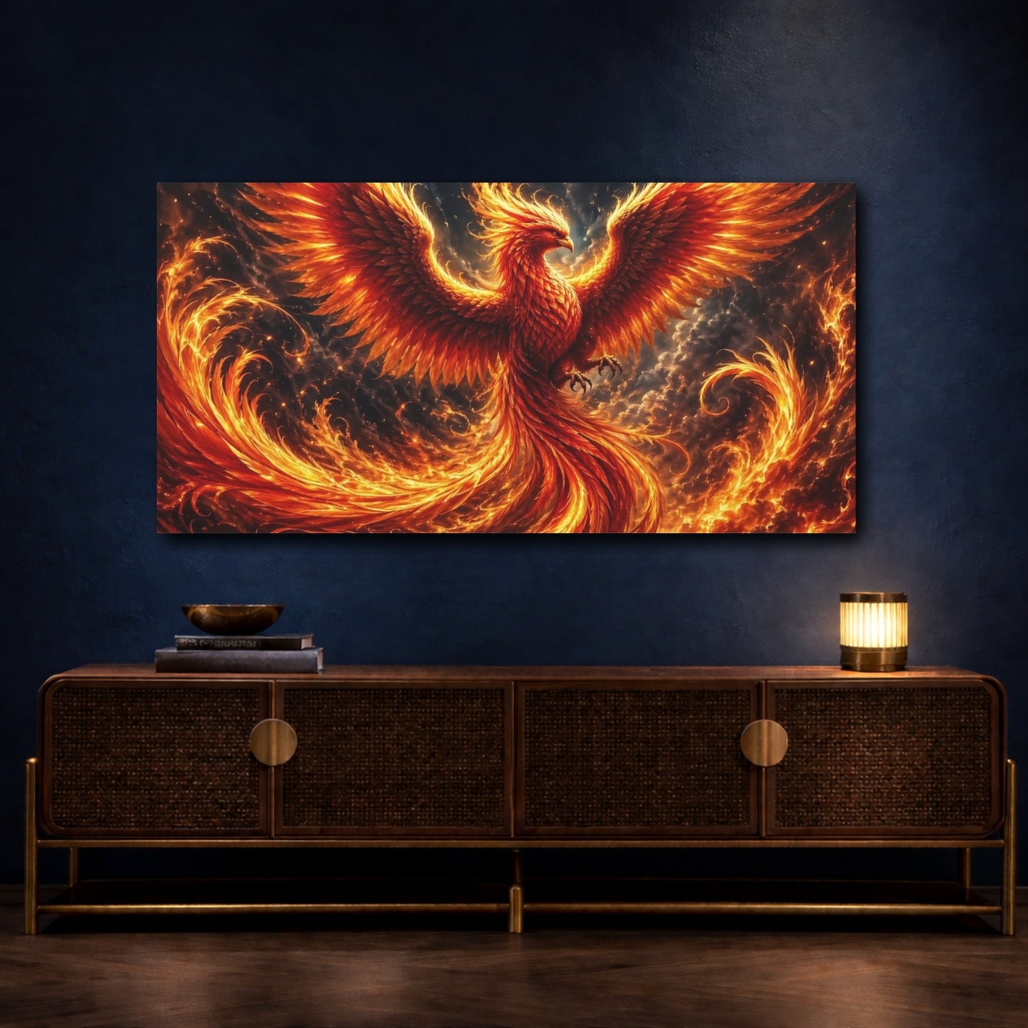 Mockup 4. Fairytale Phoenix Red Orange Phoenix shown as stretched canvas wall art