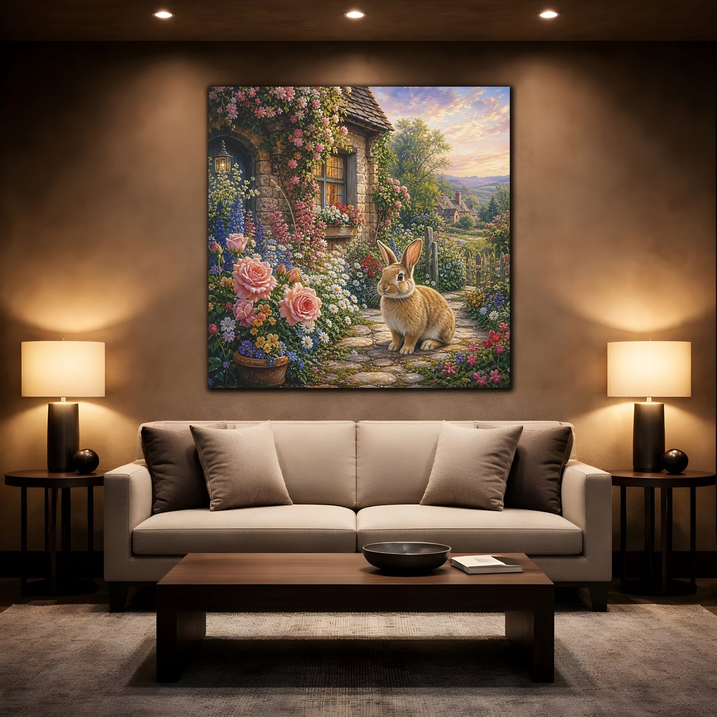 Mockup 2. Fairytale Rabbit Fairytale Garden shown as stretched canvas wall art